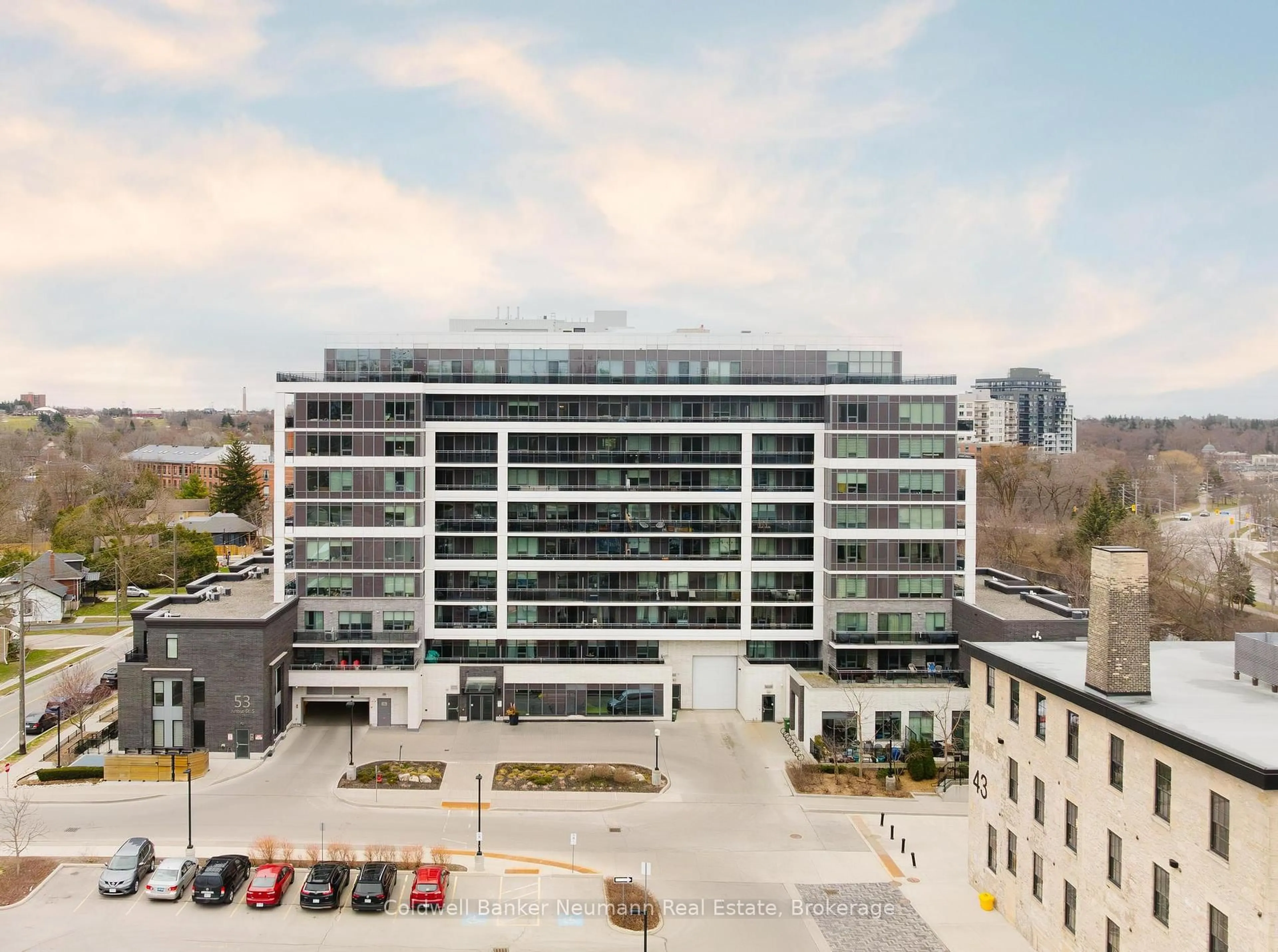 A pic from outside/outdoor area/front of a property/back of a property/a pic from drone, city buildings view from balcony for 53 Arthur St #415, Guelph Ontario N1E 0P5