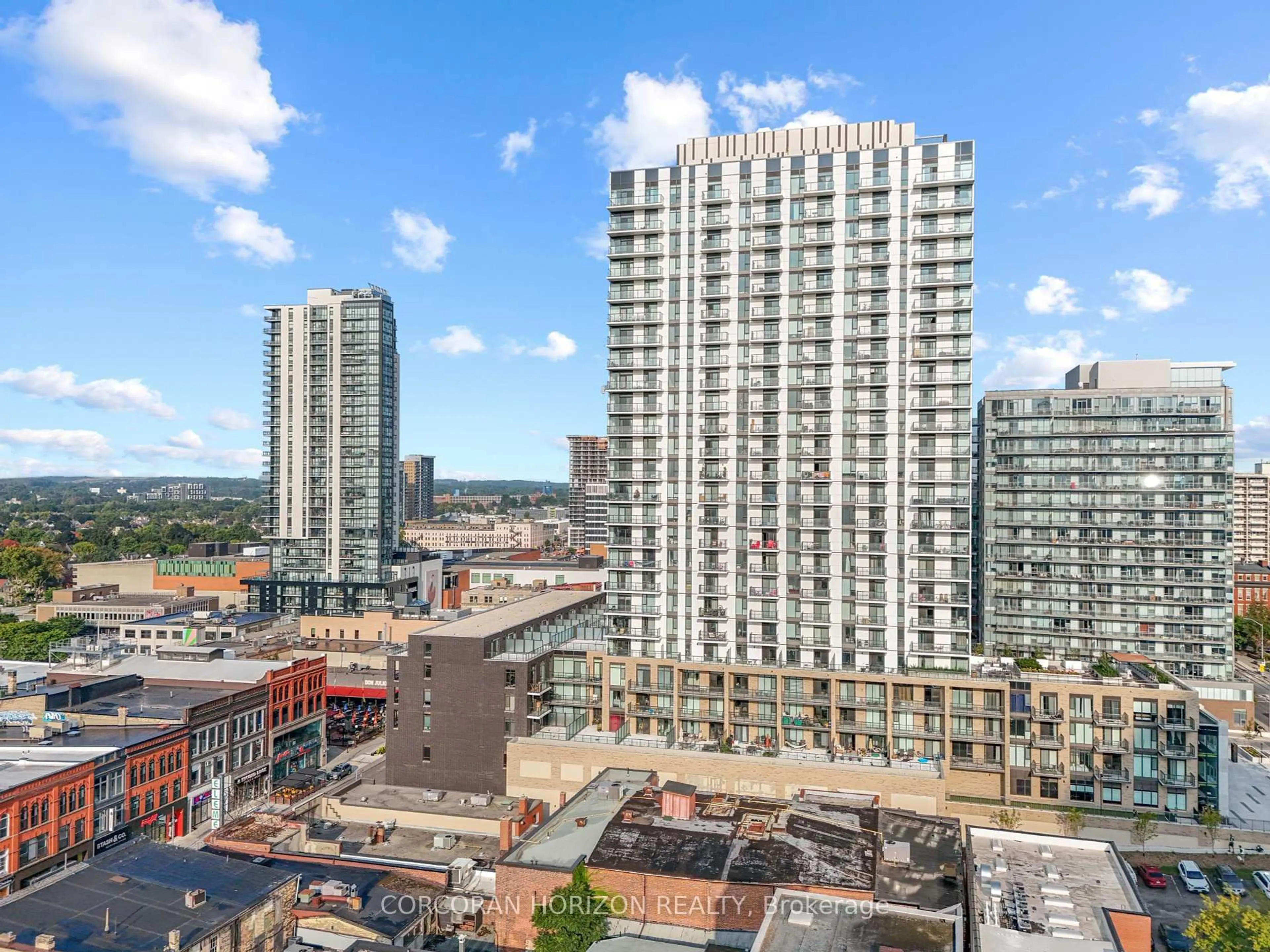 A pic from outside/outdoor area/front of a property/back of a property/a pic from drone, city buildings view from balcony for 55 Duke St #420, Kitchener Ontario N2H 0C9