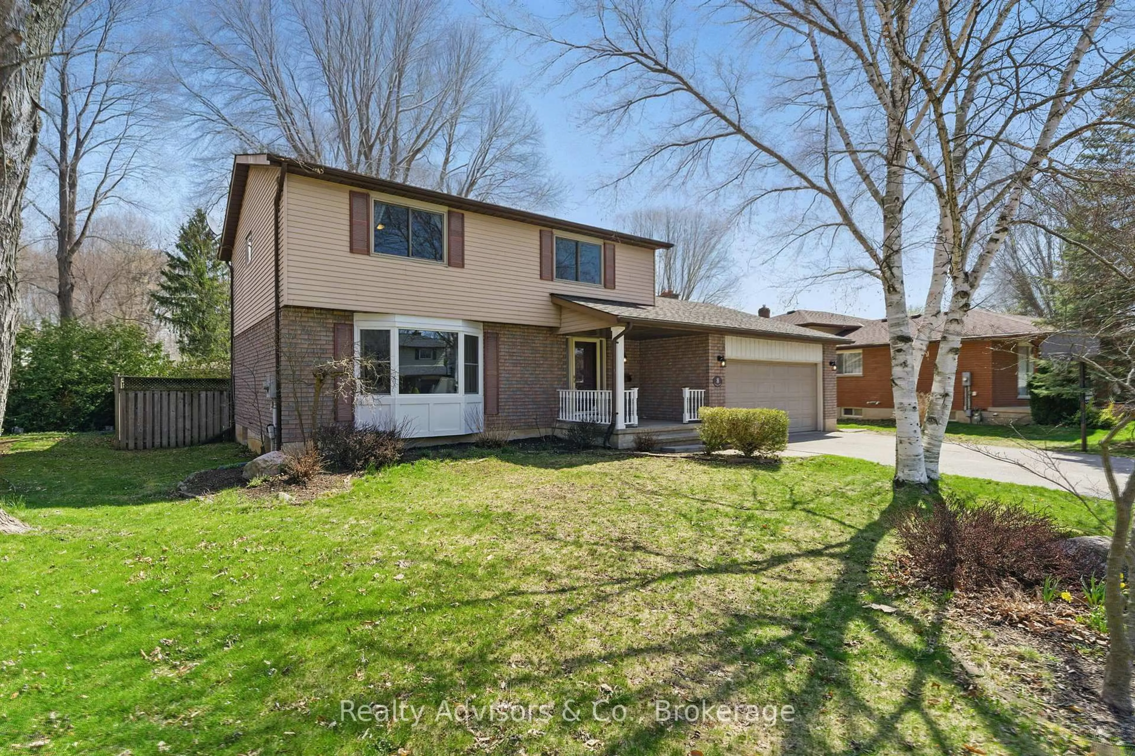 Home with vinyl exterior material, street for 8 Camrose Dr, Brantford Ontario N3R 6P3