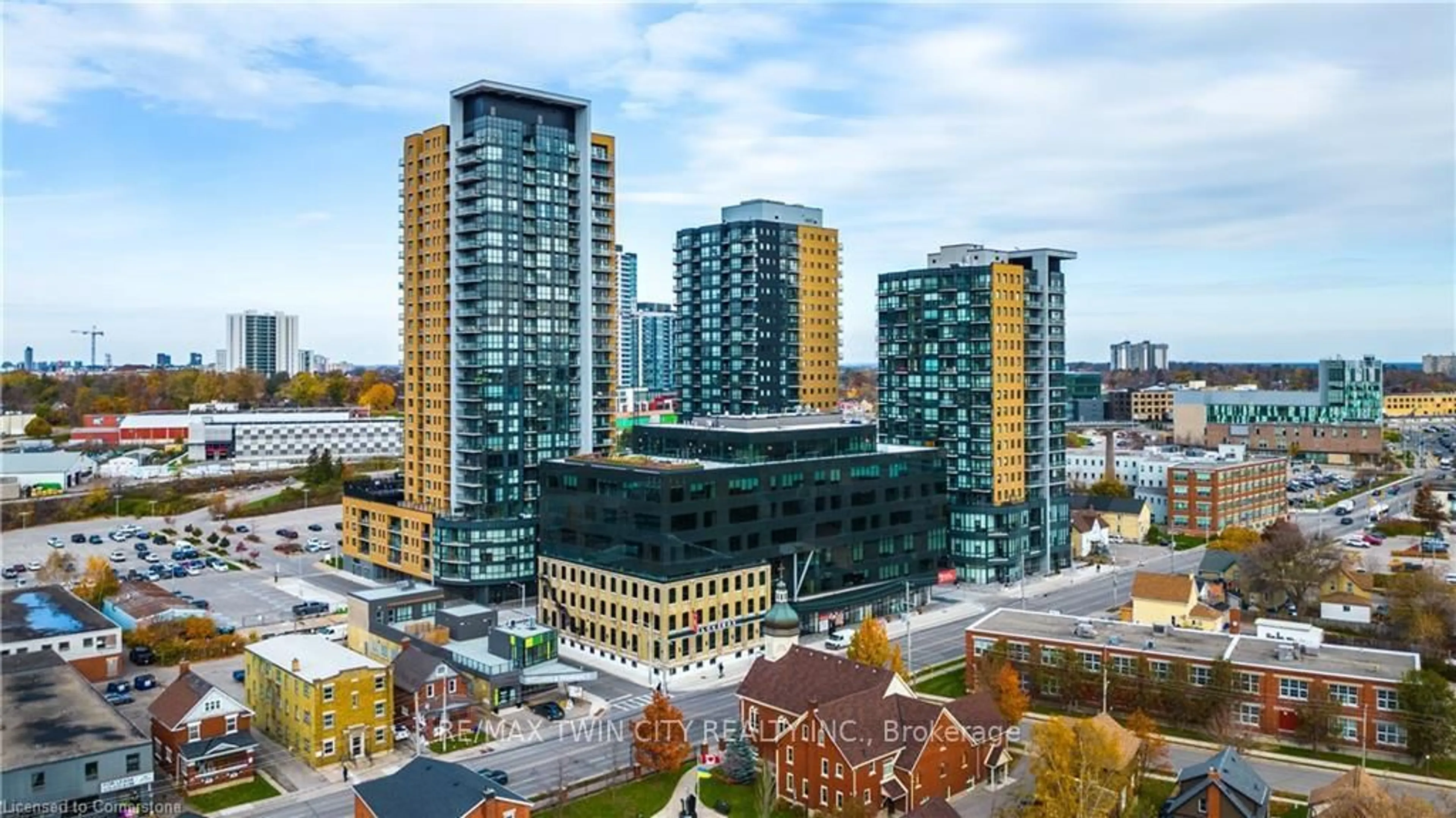 A pic from outside/outdoor area/front of a property/back of a property/a pic from drone, city buildings view from balcony for 108 Garment St #810, Kitchener Ontario N2G 0E2