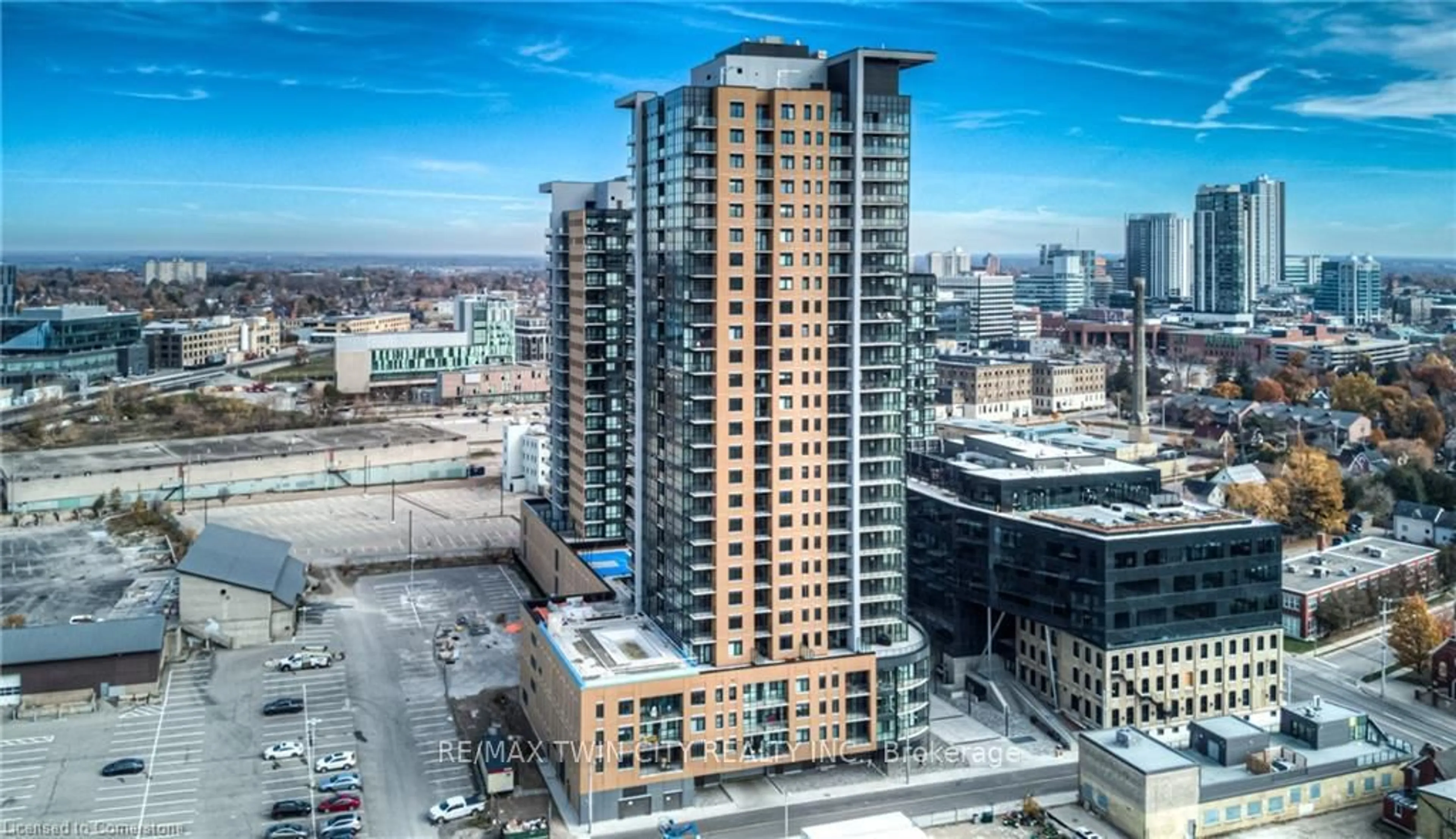 A pic from outside/outdoor area/front of a property/back of a property/a pic from drone, city buildings view from balcony for 108 Garment St #810, Kitchener Ontario N2G 0E2