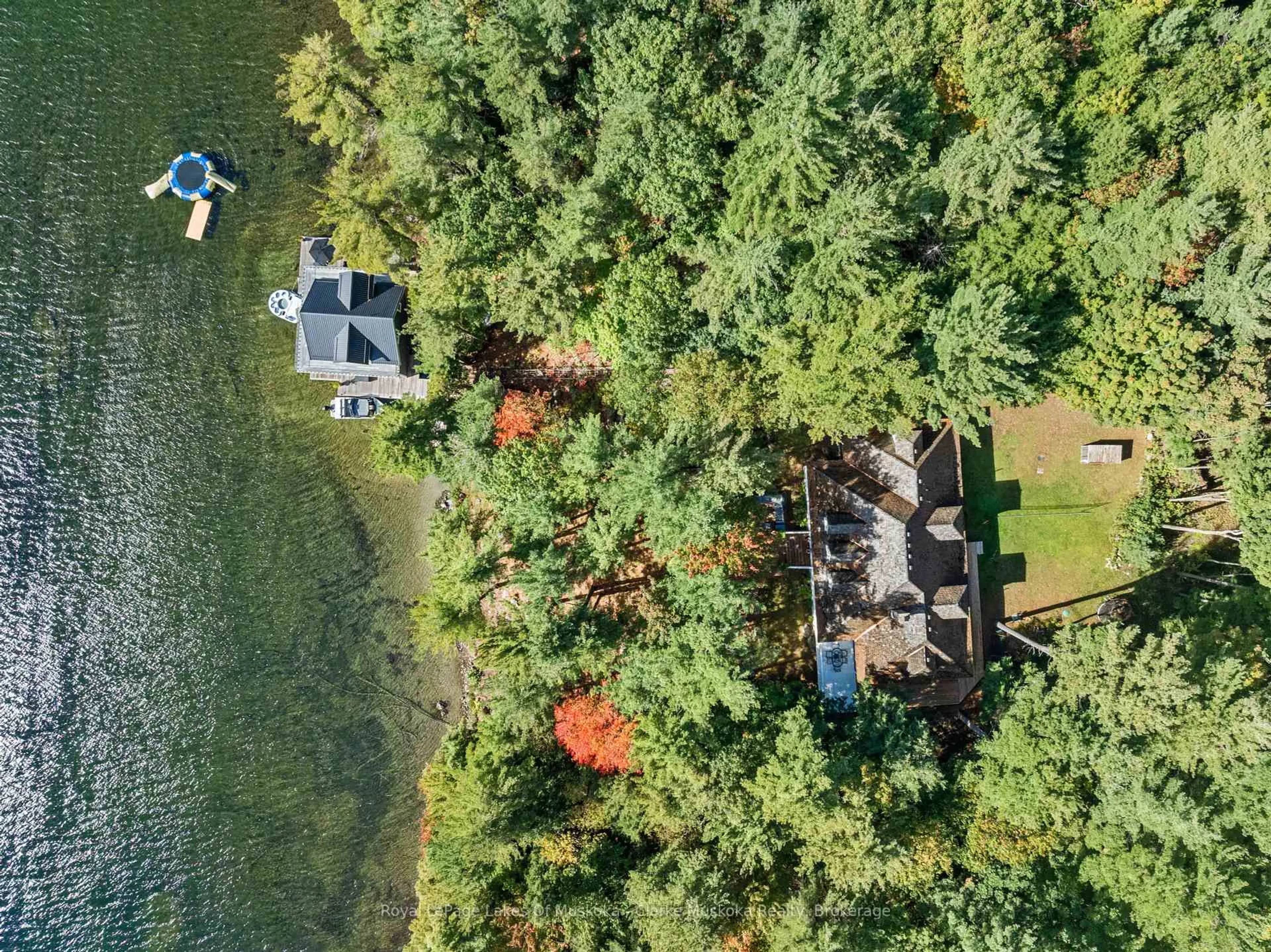A pic from outside/outdoor area/front of a property/back of a property/a pic from drone, water/lake/river/ocean view for 22 PLAYFAIR Island #3, Seguin Ontario P0C 1H0