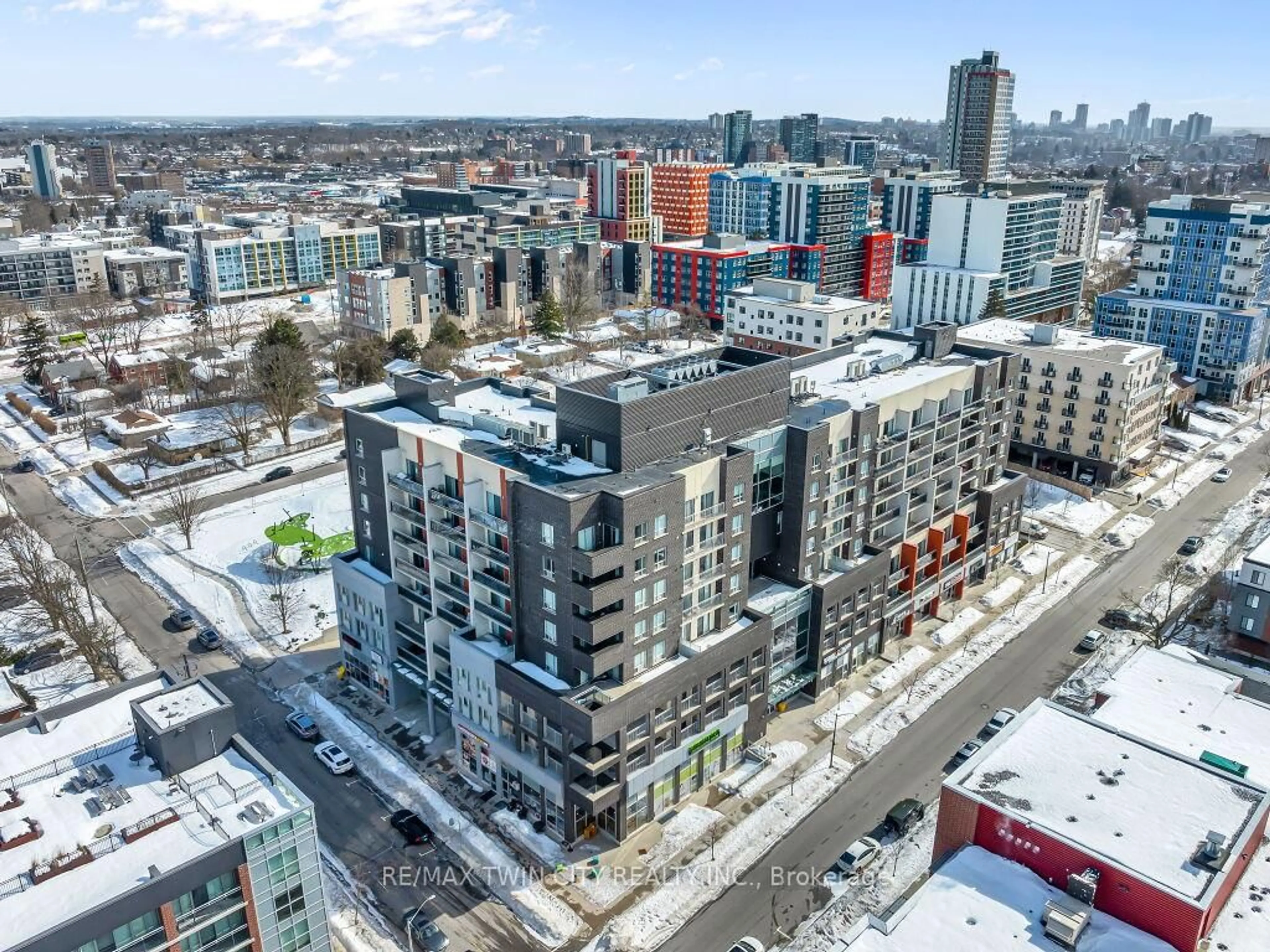A pic from outside/outdoor area/front of a property/back of a property/a pic from drone, city buildings view from balcony for 280 Lester St #302, Waterloo Ontario N2L 3W5
