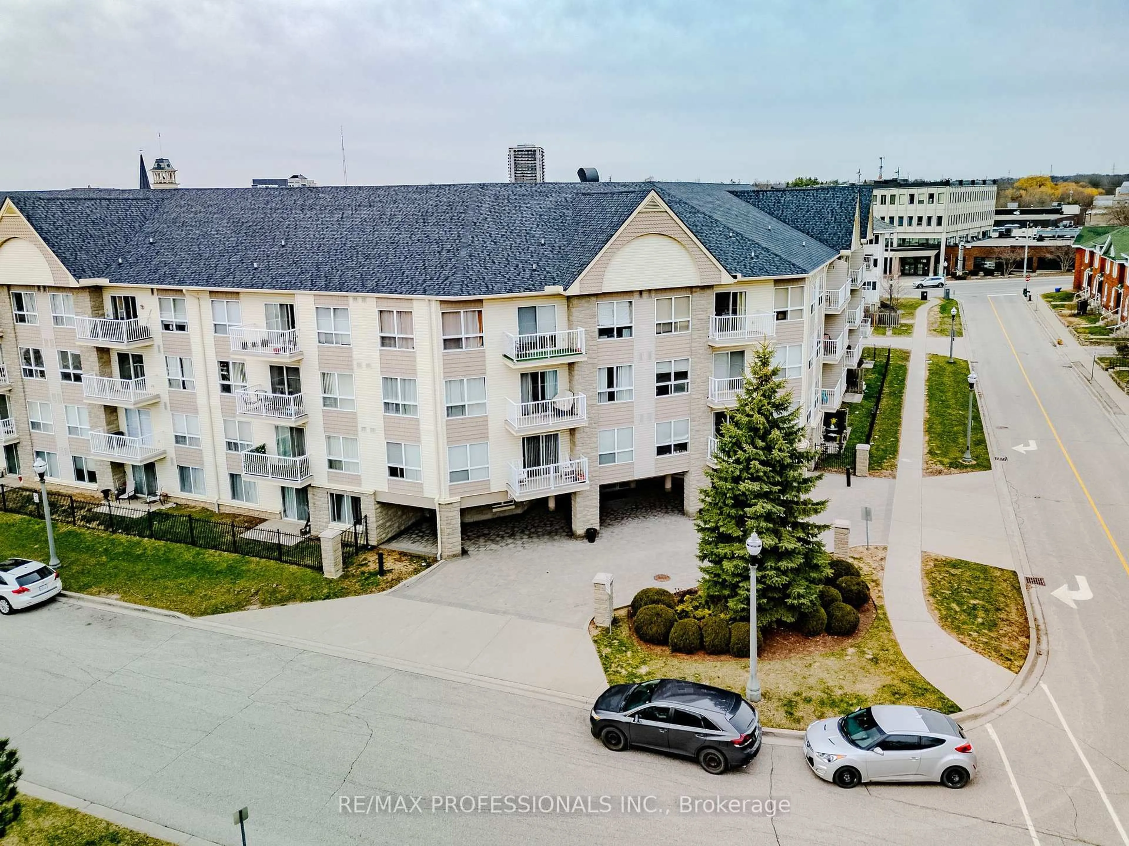 A pic from outside/outdoor area/front of a property/back of a property/a pic from drone, city buildings view from balcony for 8 Harris St #422, Cambridge Ontario N1R 8R1