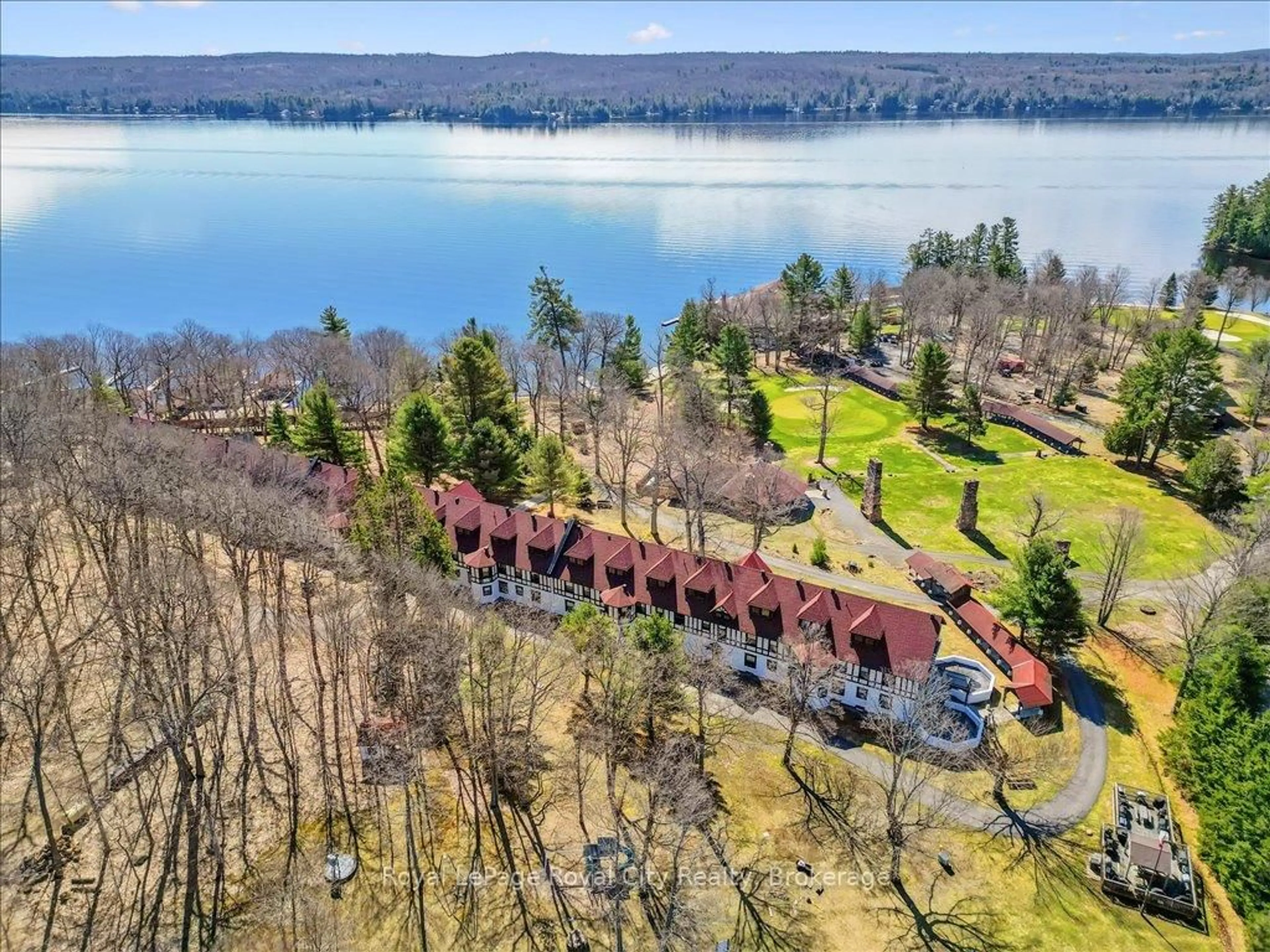 A pic from outside/outdoor area/front of a property/back of a property/a pic from drone, water/lake/river/ocean view for 12 Bigwin Island #202 & 206, Lake of Bays Ontario P0B 1A0