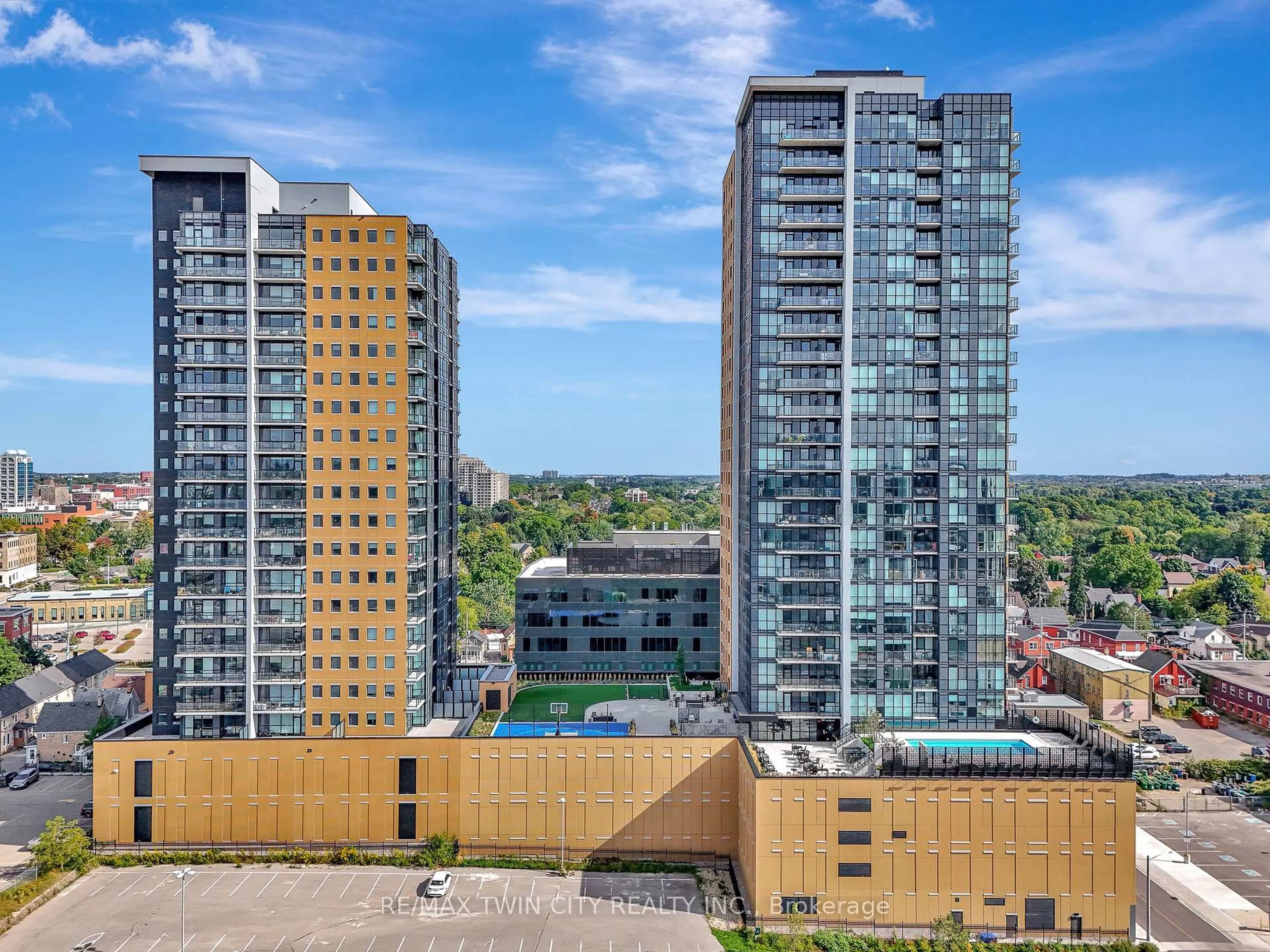 A pic from outside/outdoor area/front of a property/back of a property/a pic from drone, city buildings view from balcony for 100 Garment St #1008, Kitchener Ontario N2G 0C8