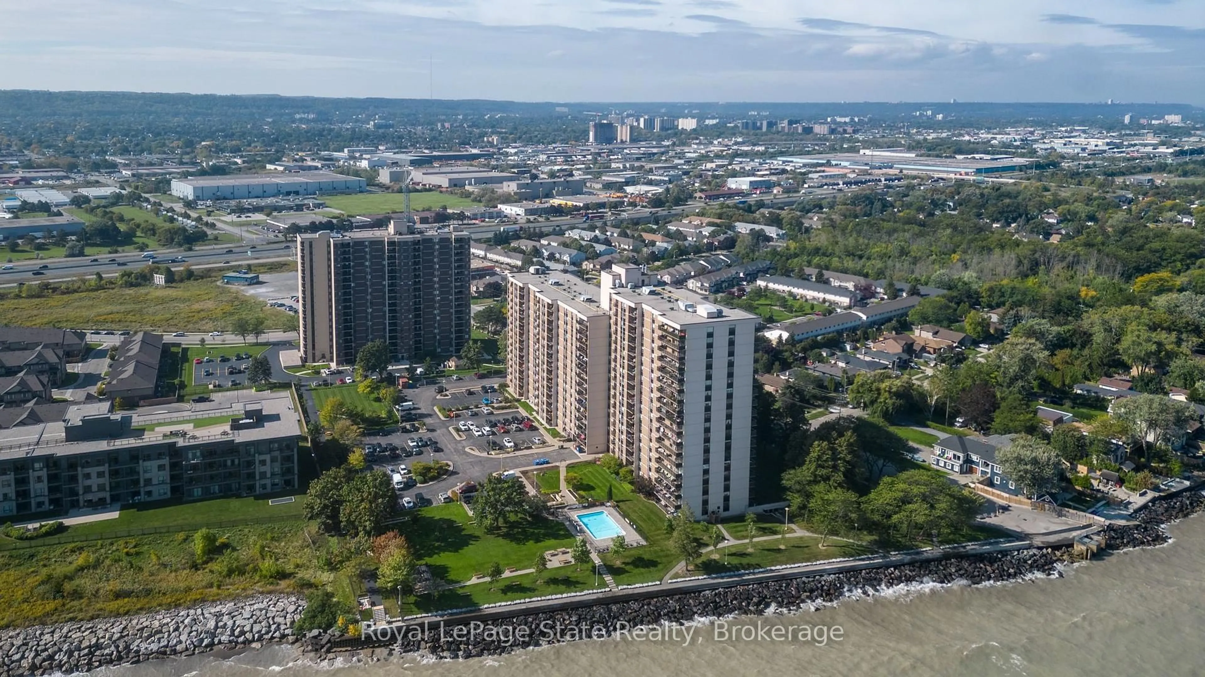 A pic from outside/outdoor area/front of a property/back of a property/a pic from drone, water/lake/river/ocean view for 500 Green Rd #717, Hamilton Ontario L8E 3M6