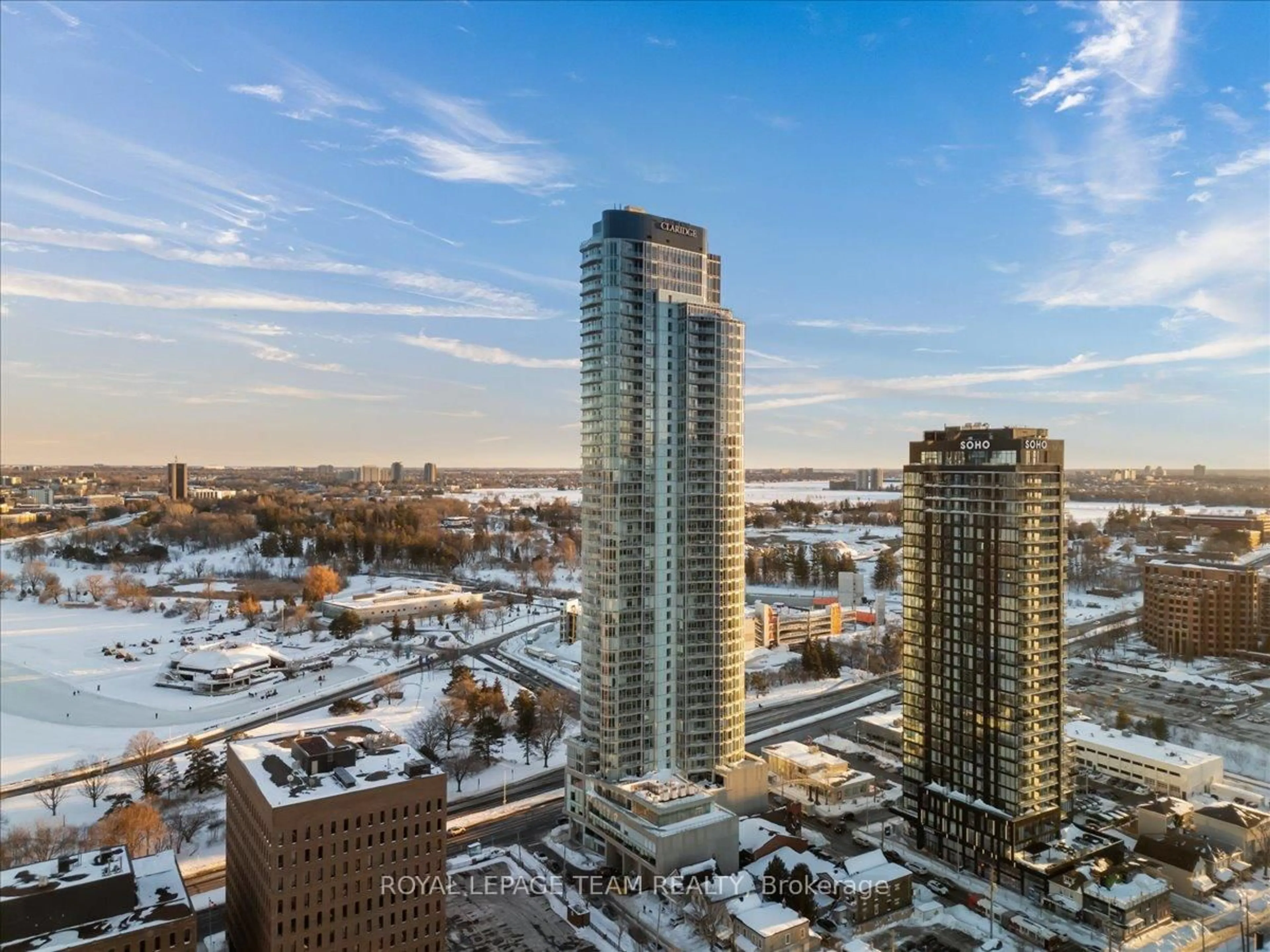 A pic from outside/outdoor area/front of a property/back of a property/a pic from drone, city buildings view from balcony for 805 Carling Ave #3301, Ottawa Ontario K1S 5W9