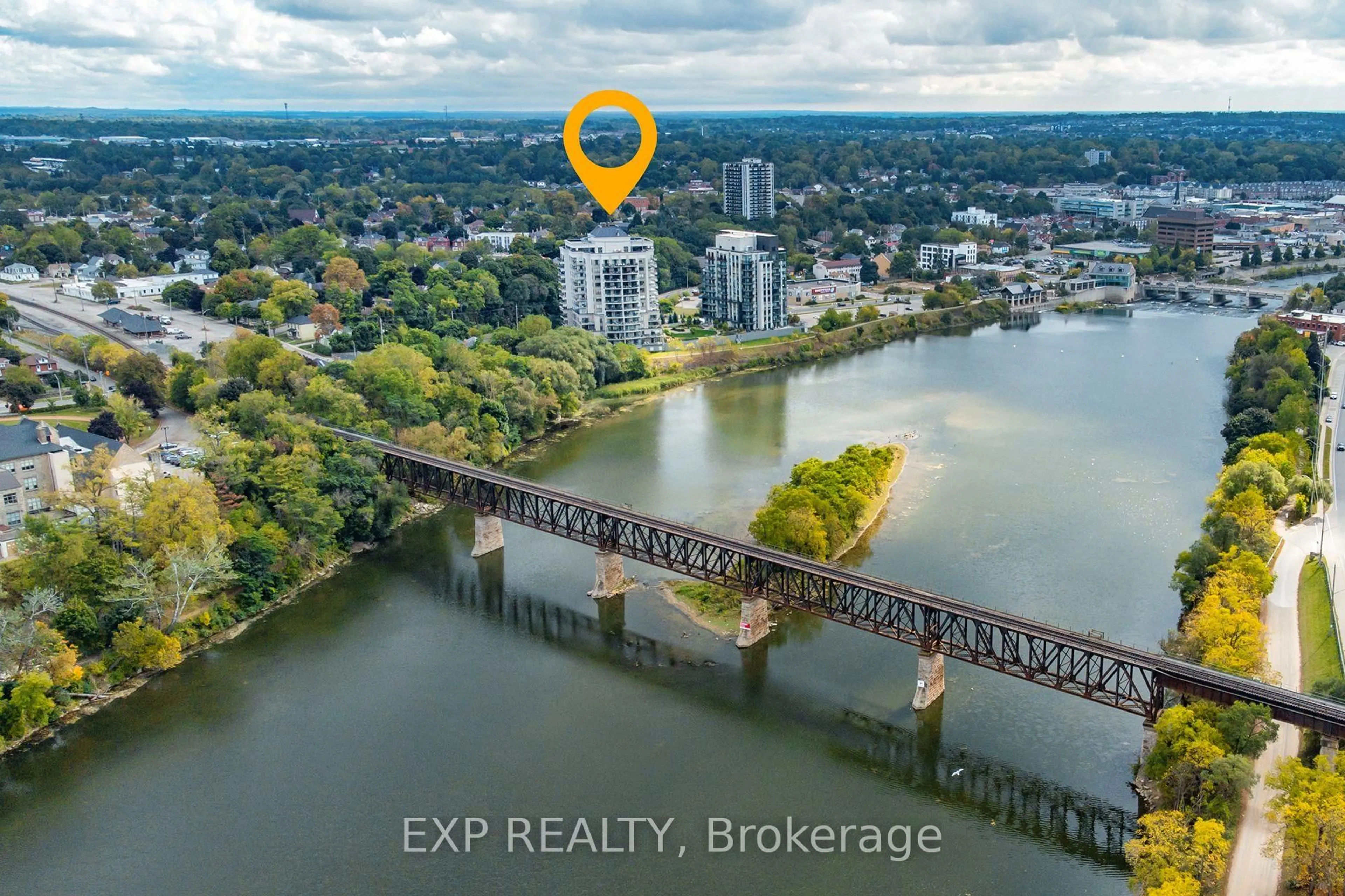 A pic from outside/outdoor area/front of a property/back of a property/a pic from drone, water/lake/river/ocean view for 170 Water St #906, Cambridge Ontario N1R 3B6