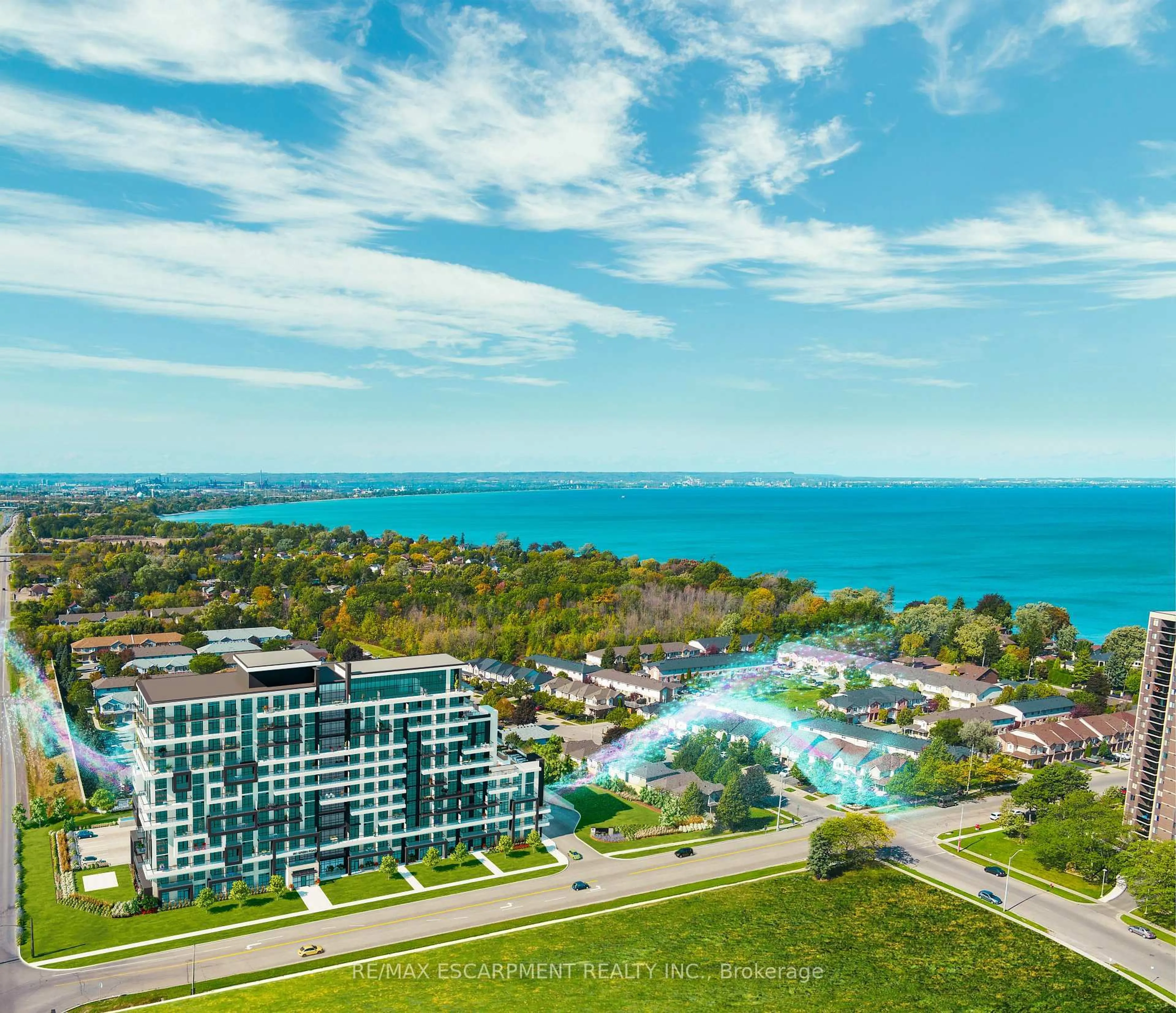 A pic from outside/outdoor area/front of a property/back of a property/a pic from drone, water/lake/river/ocean view for 461 Green Rd #1202, Hamilton Ontario L8E 5B4