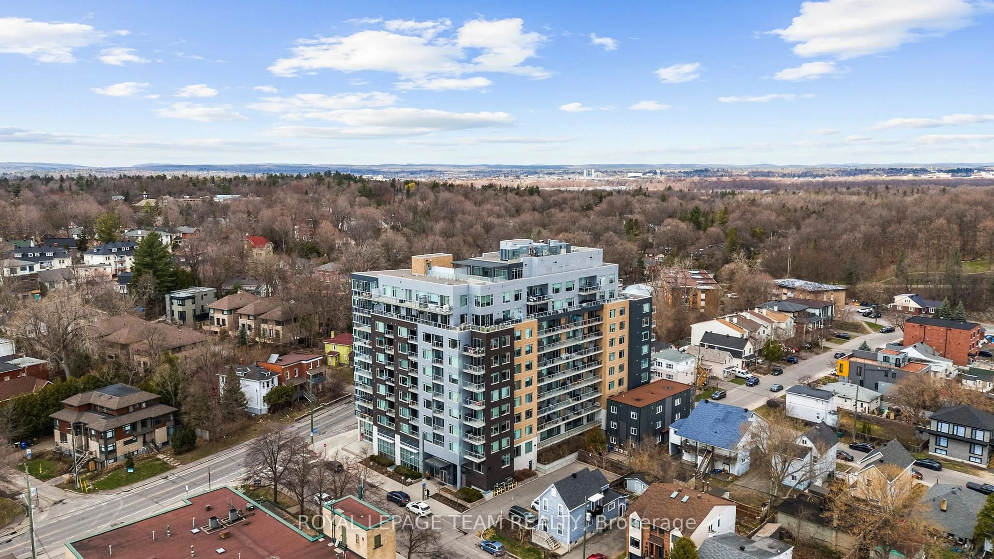 A pic from outside/outdoor area/front of a property/back of a property/a pic from drone, city buildings view from balcony for 7 Marquette Ave #418, Ottawa Ontario K1L 8A7