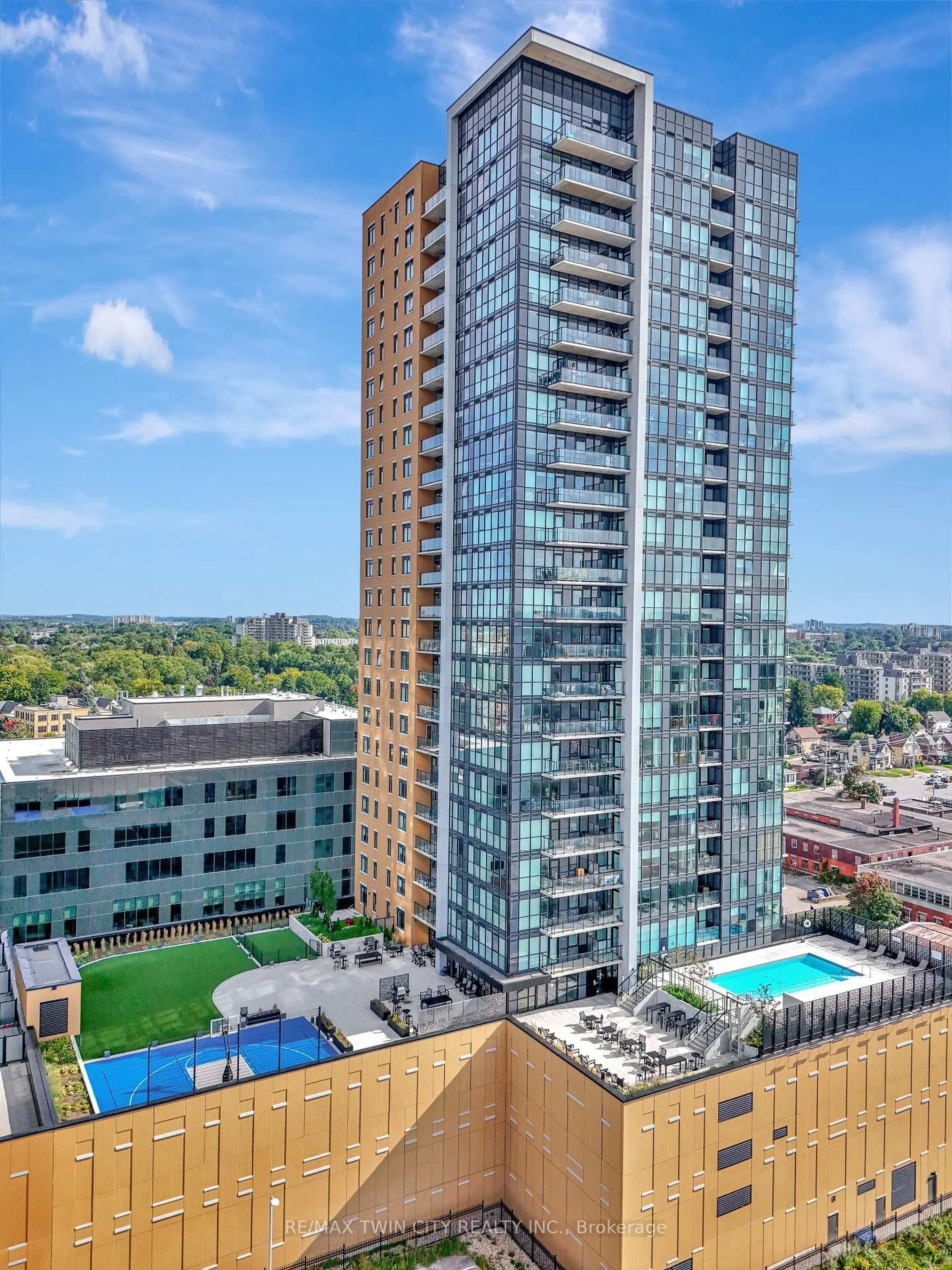 A pic from outside/outdoor area/front of a property/back of a property/a pic from drone, city buildings view from balcony for 104 Garment St #906, Waterloo Ontario N2G 0C8