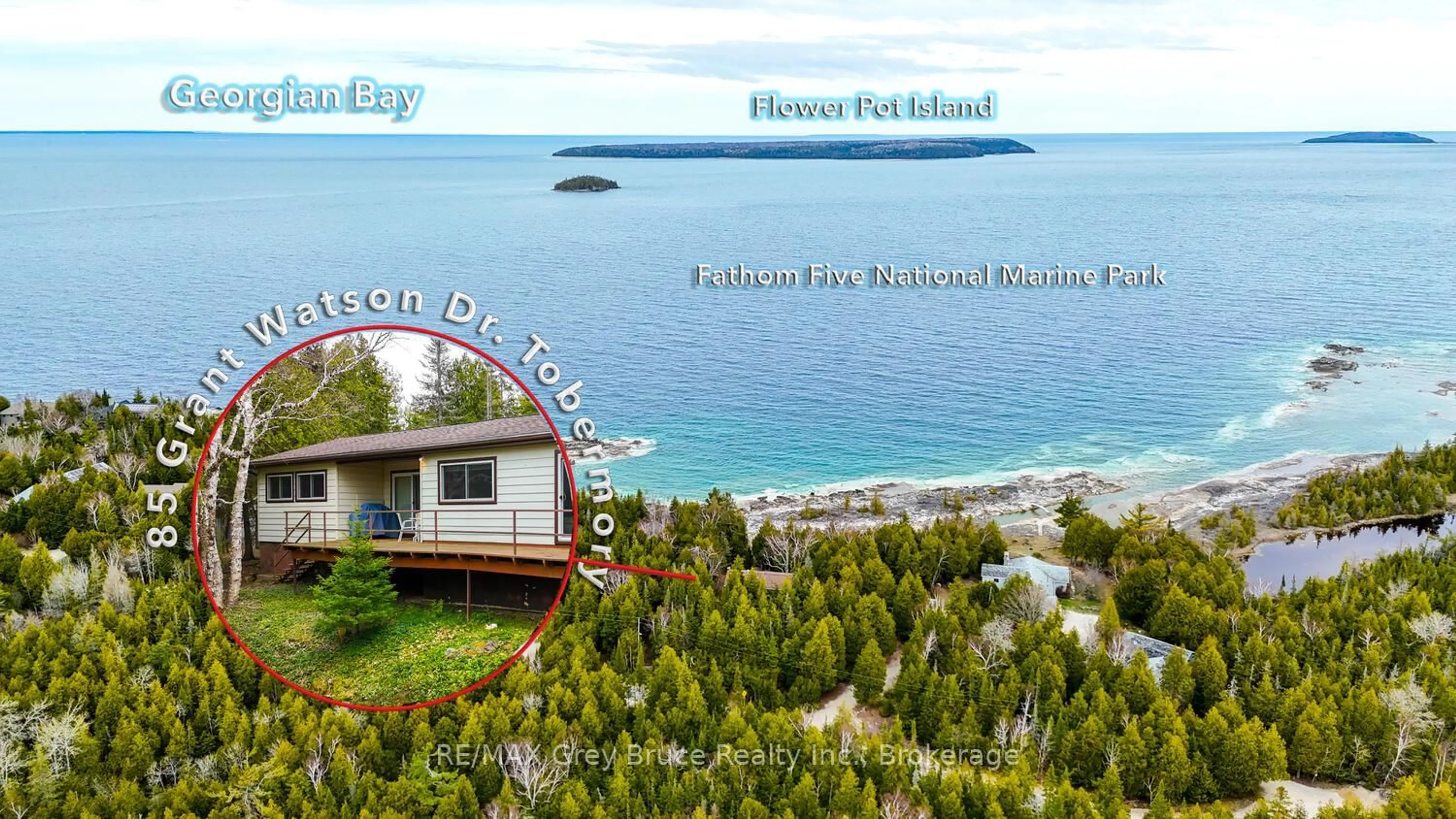 A pic from outside/outdoor area/front of a property/back of a property/a pic from drone, water/lake/river/ocean view for 85 Grant Watson Dr, Northern Bruce Peninsula Ontario N0H 2R0