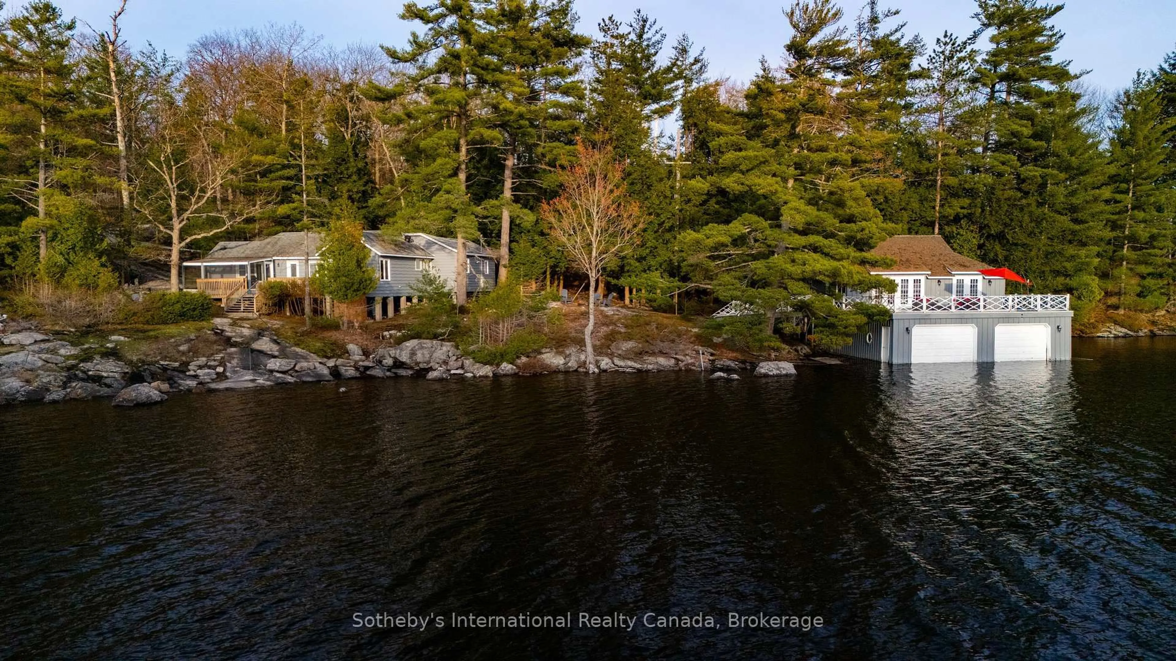 A pic from outside/outdoor area/front of a property/back of a property/a pic from drone, water/lake/river/ocean view for 1-1076 Birch Point Rd, Gravenhurst Ontario P1P 1R1