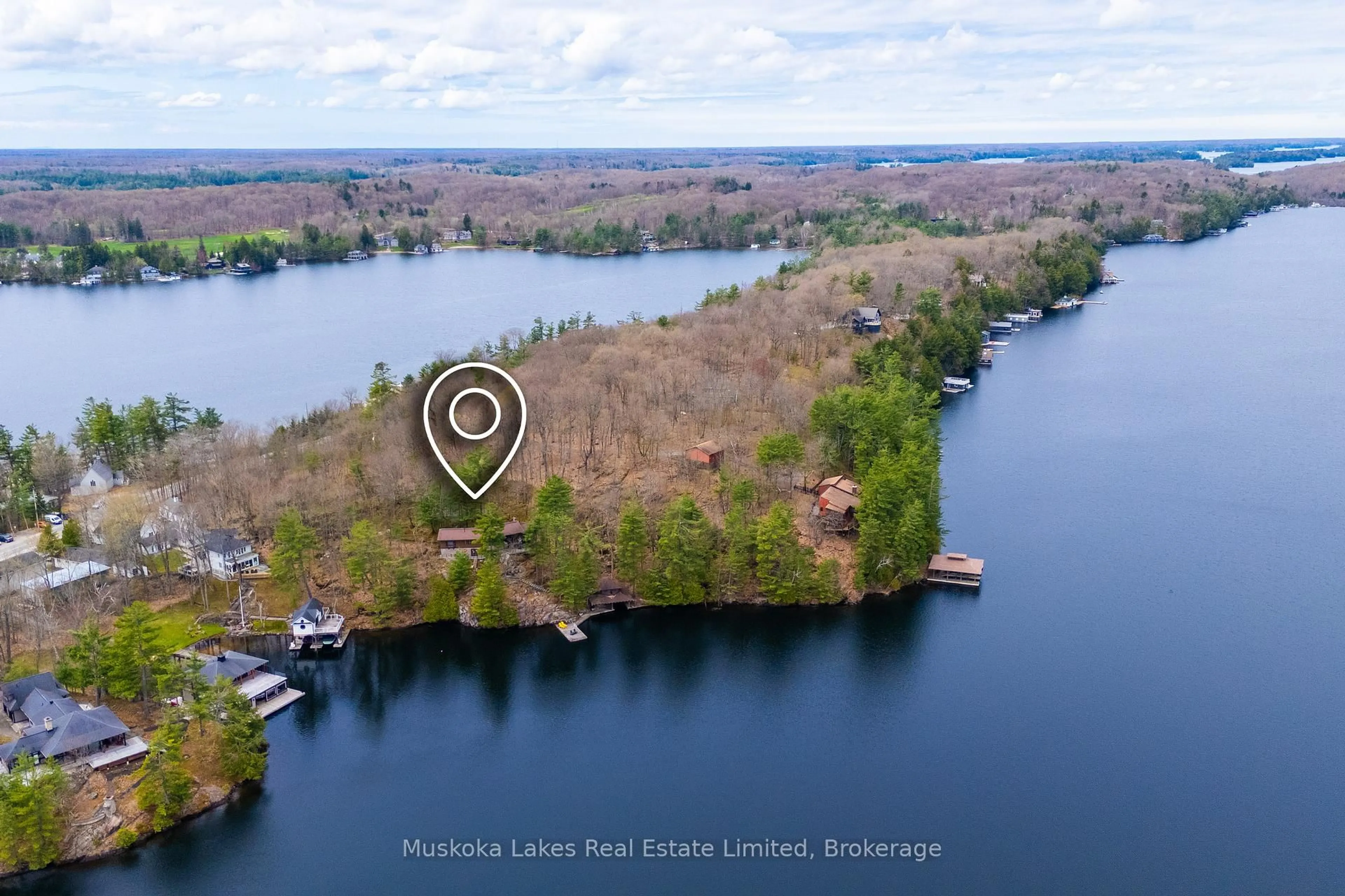 A pic from outside/outdoor area/front of a property/back of a property/a pic from drone, water/lake/river/ocean view for 1344 Peninsula Rd, Muskoka Lakes Ontario P0B 1J0