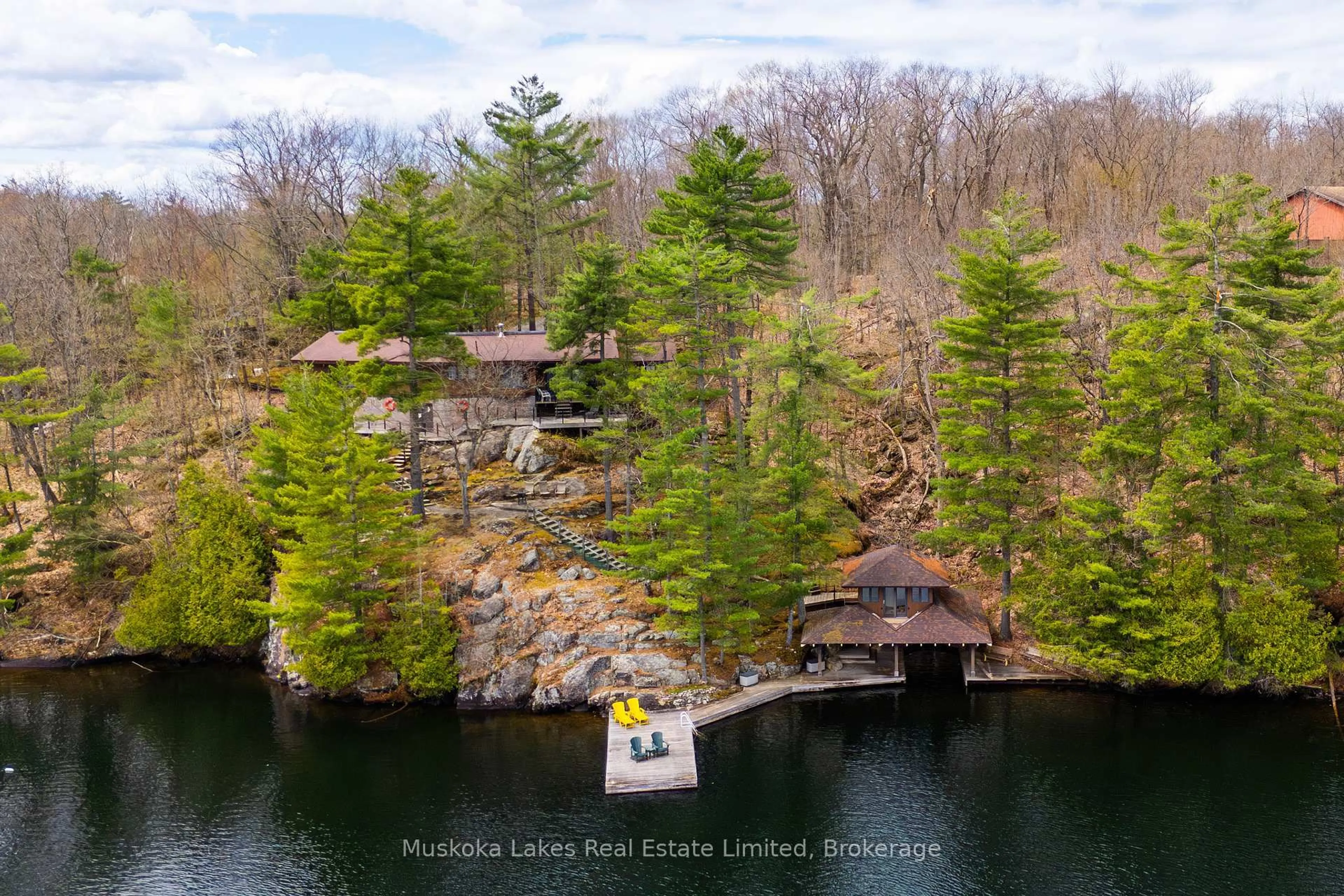 A pic from outside/outdoor area/front of a property/back of a property/a pic from drone, water/lake/river/ocean view for 1344 Peninsula Rd, Muskoka Lakes Ontario P0B 1J0