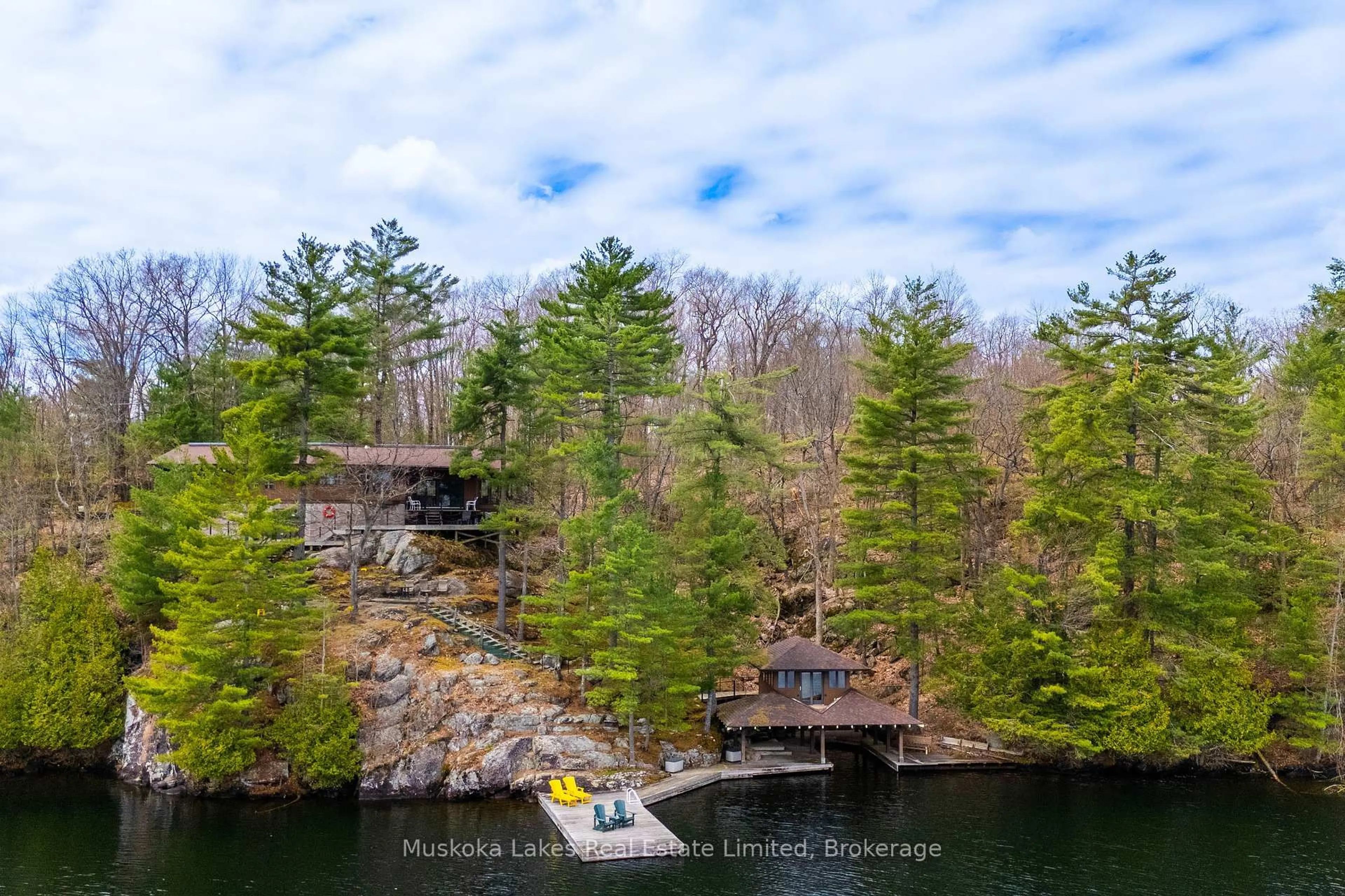 A pic from outside/outdoor area/front of a property/back of a property/a pic from drone, water/lake/river/ocean view for 1344 Peninsula Rd, Muskoka Lakes Ontario P0B 1J0
