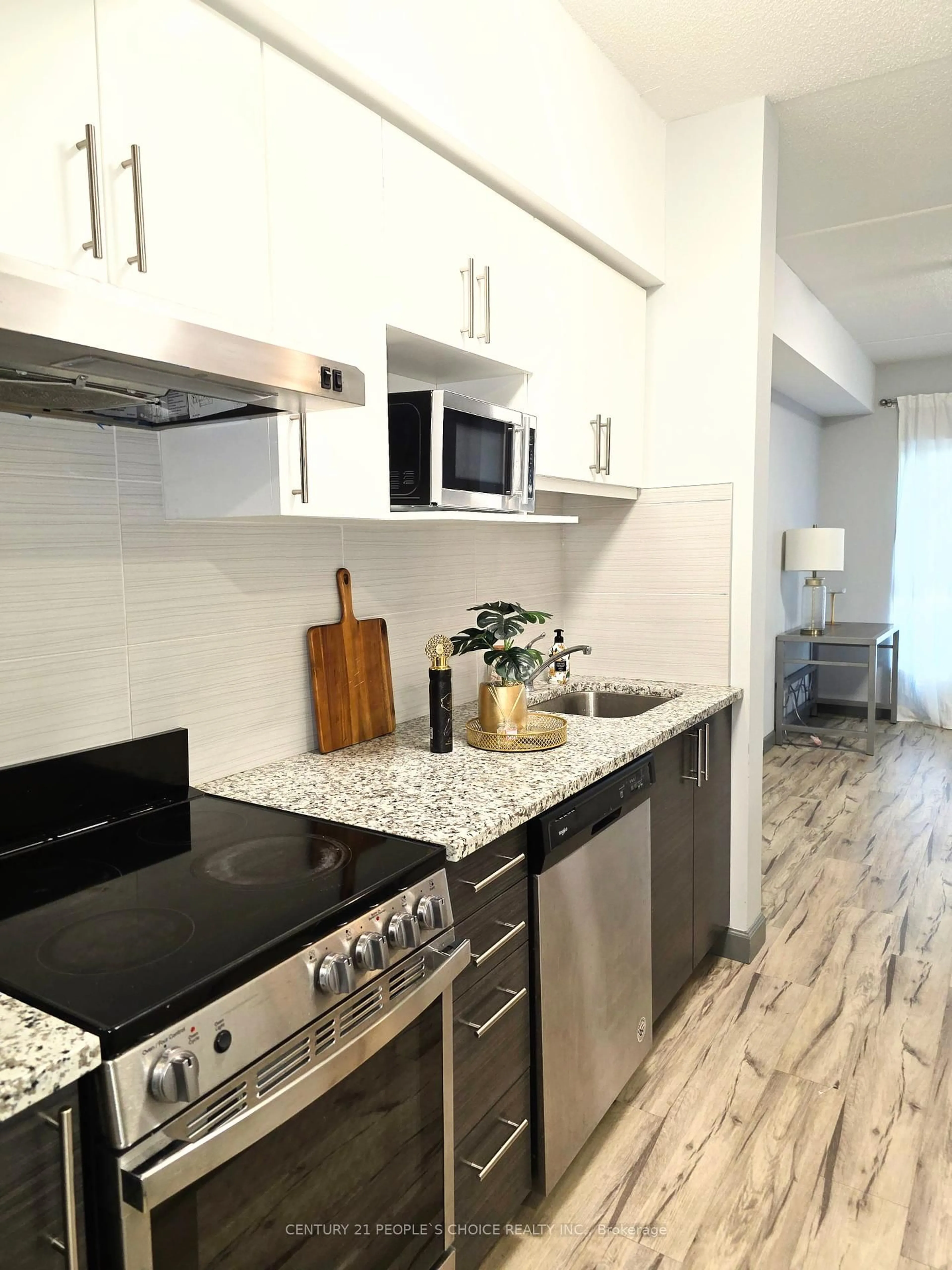 Open concept kitchen, ceramic/tile floor for 77 Leland St #419, Hamilton Ontario L8S 3A1