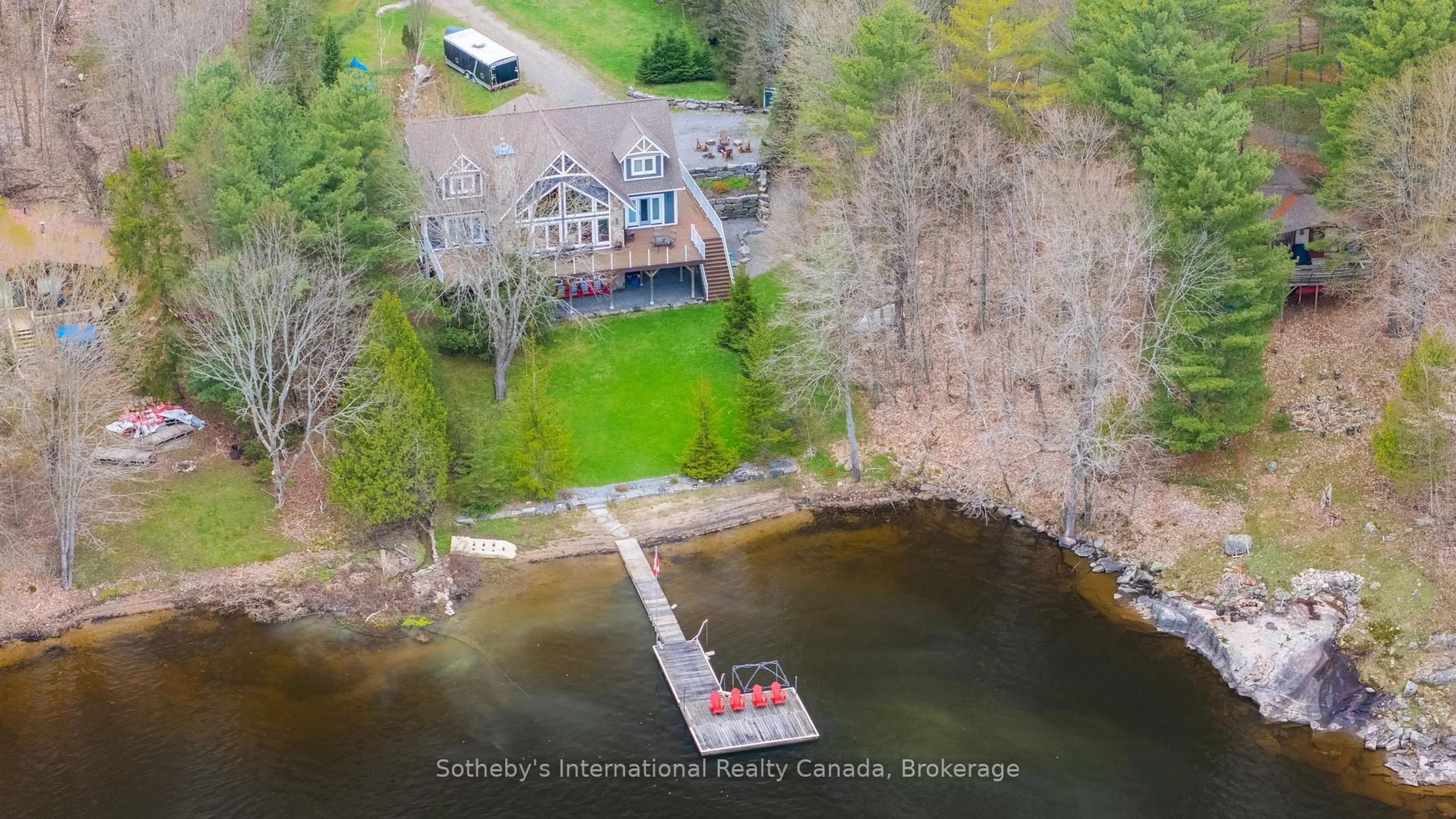 A pic from outside/outdoor area/front of a property/back of a property/a pic from drone, water/lake/river/ocean view for 1492 North Shore Rd #2, Muskoka Lakes Ontario P0B 1M0