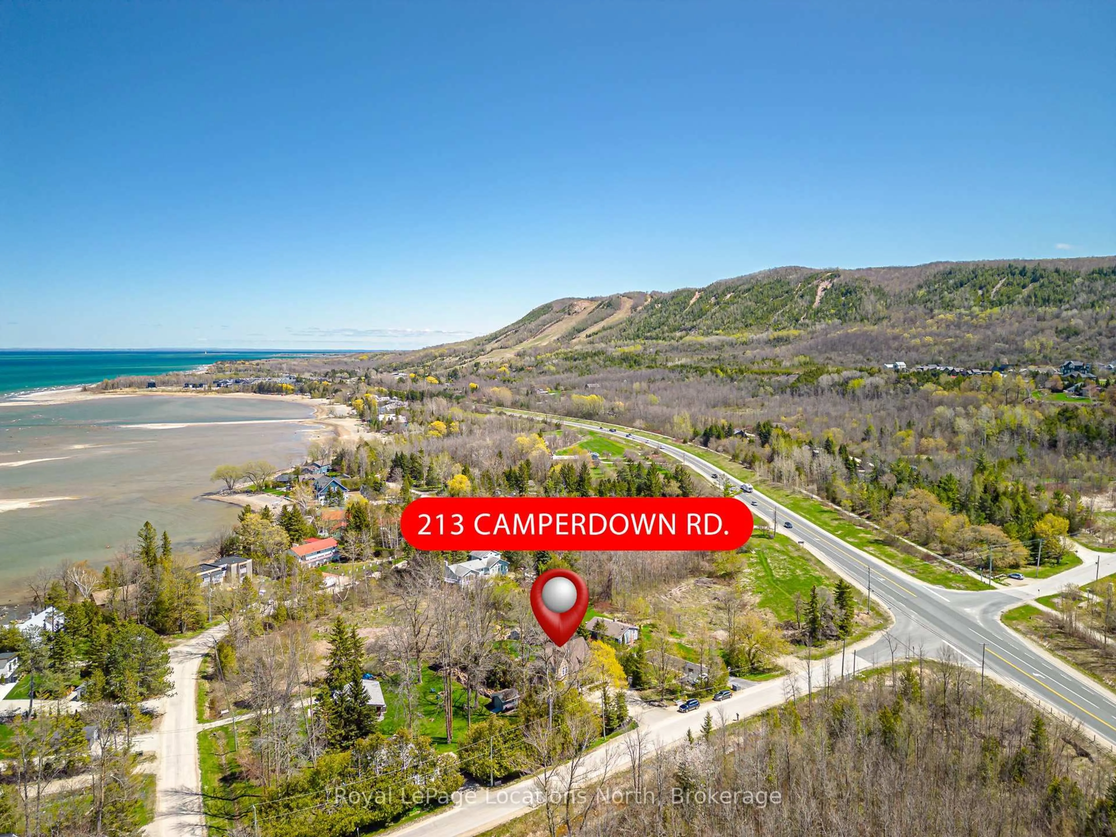 A pic from outside/outdoor area/front of a property/back of a property/a pic from drone, water/lake/river/ocean view for 213 Camperdown Rd, Blue Mountains Ontario N0H 1J0