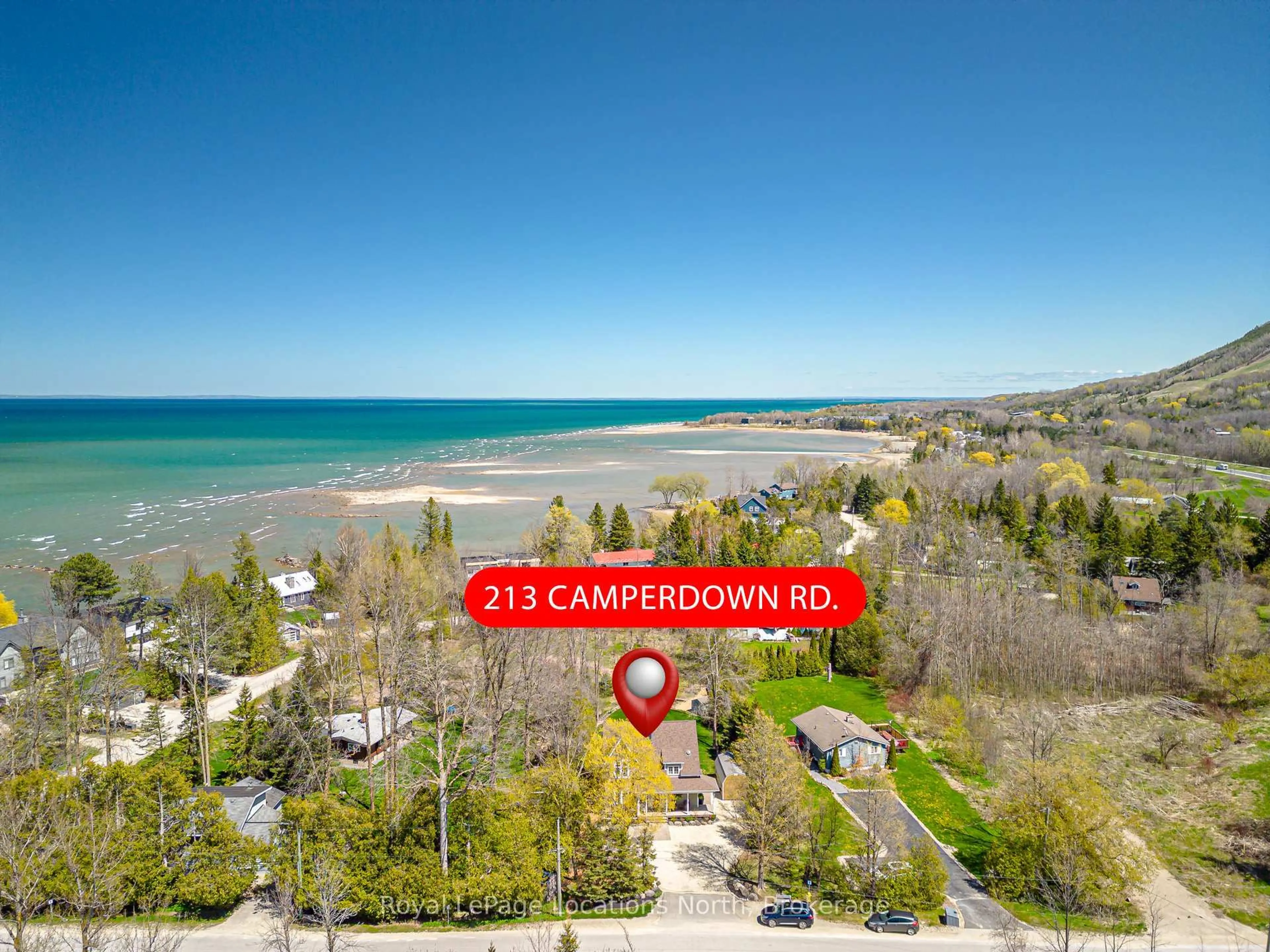A pic from outside/outdoor area/front of a property/back of a property/a pic from drone, water/lake/river/ocean view for 213 Camperdown Rd, Blue Mountains Ontario N0H 1J0