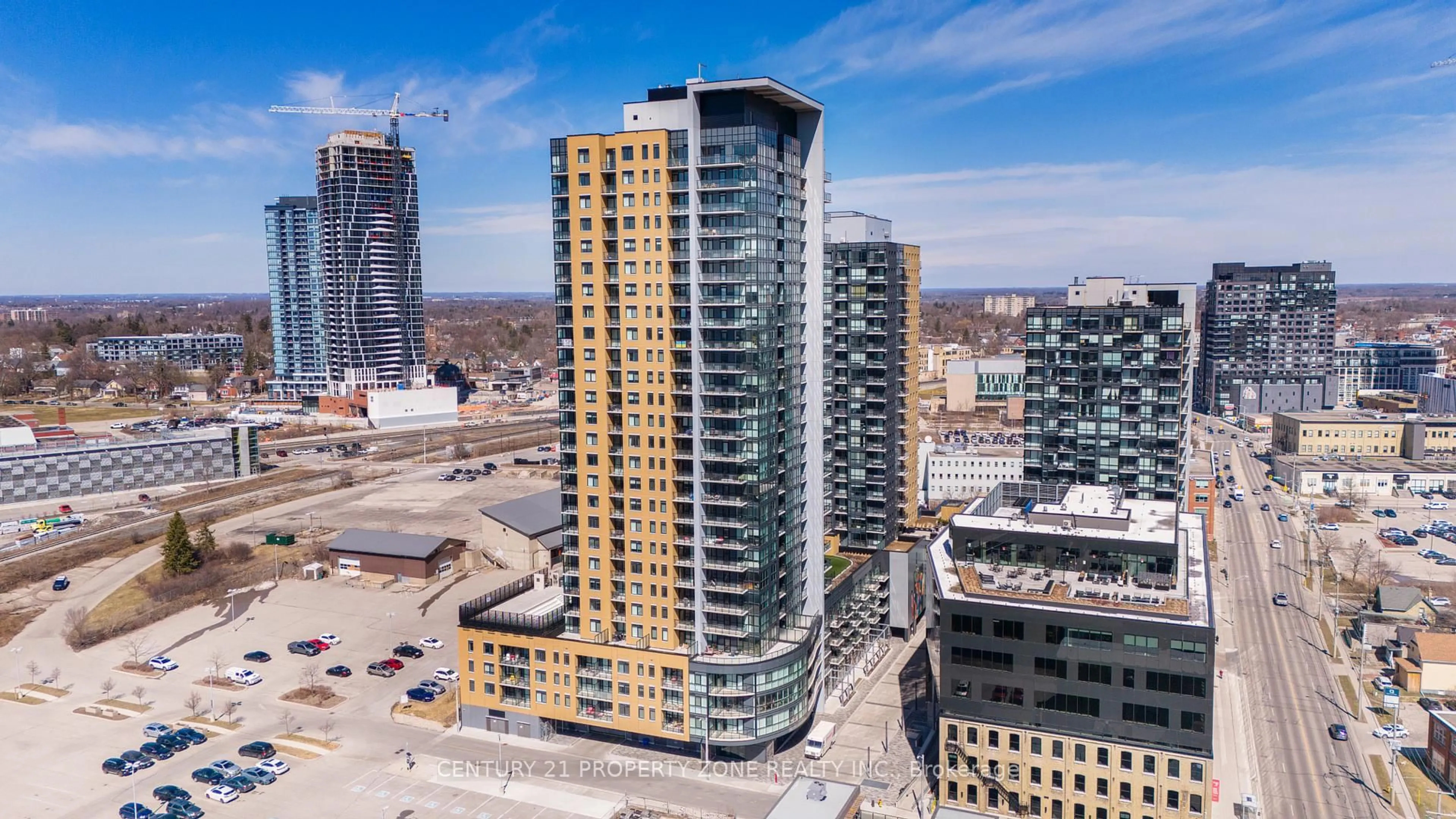 A pic from outside/outdoor area/front of a property/back of a property/a pic from drone, city buildings view from balcony for 108 Garment St #310, Kitchener Ontario N2G 0E2
