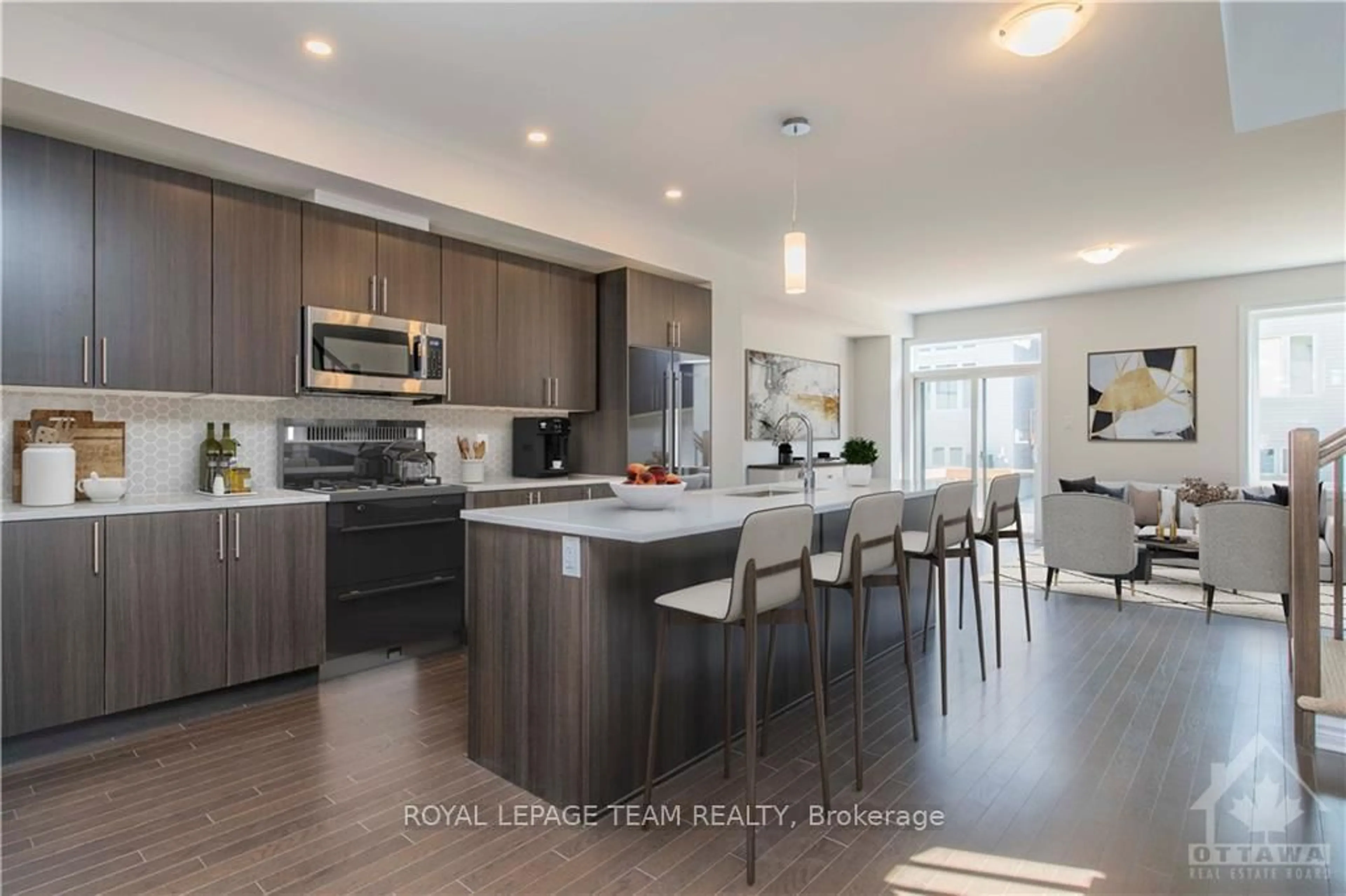 Open concept kitchen, wood/laminate floor for 25 Atop Lane, Ottawa Ontario K1X 1G6