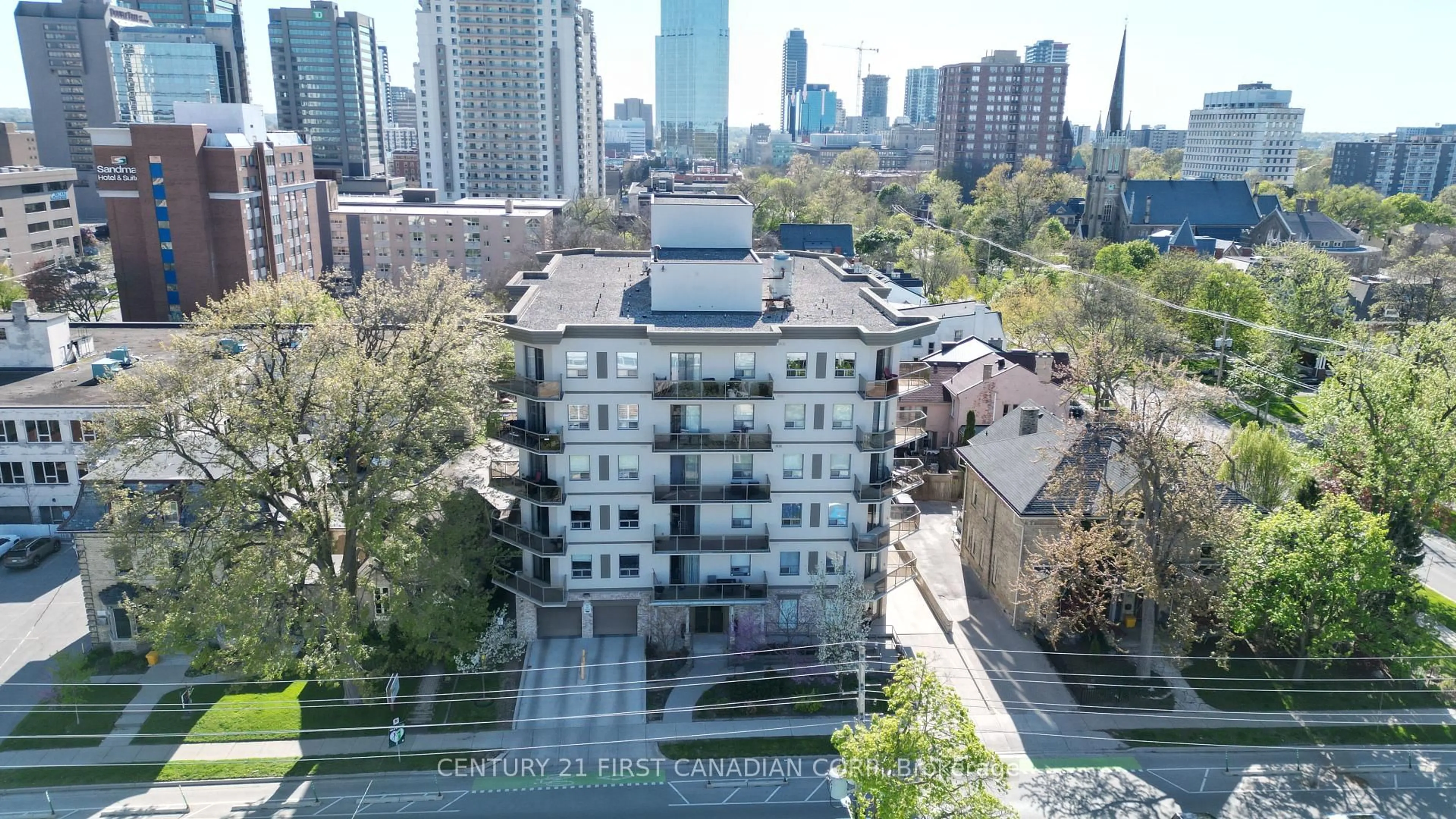 A pic from outside/outdoor area/front of a property/back of a property/a pic from drone, city buildings view from balcony for 435 Colborne St #208, London East Ontario N6B 2T2