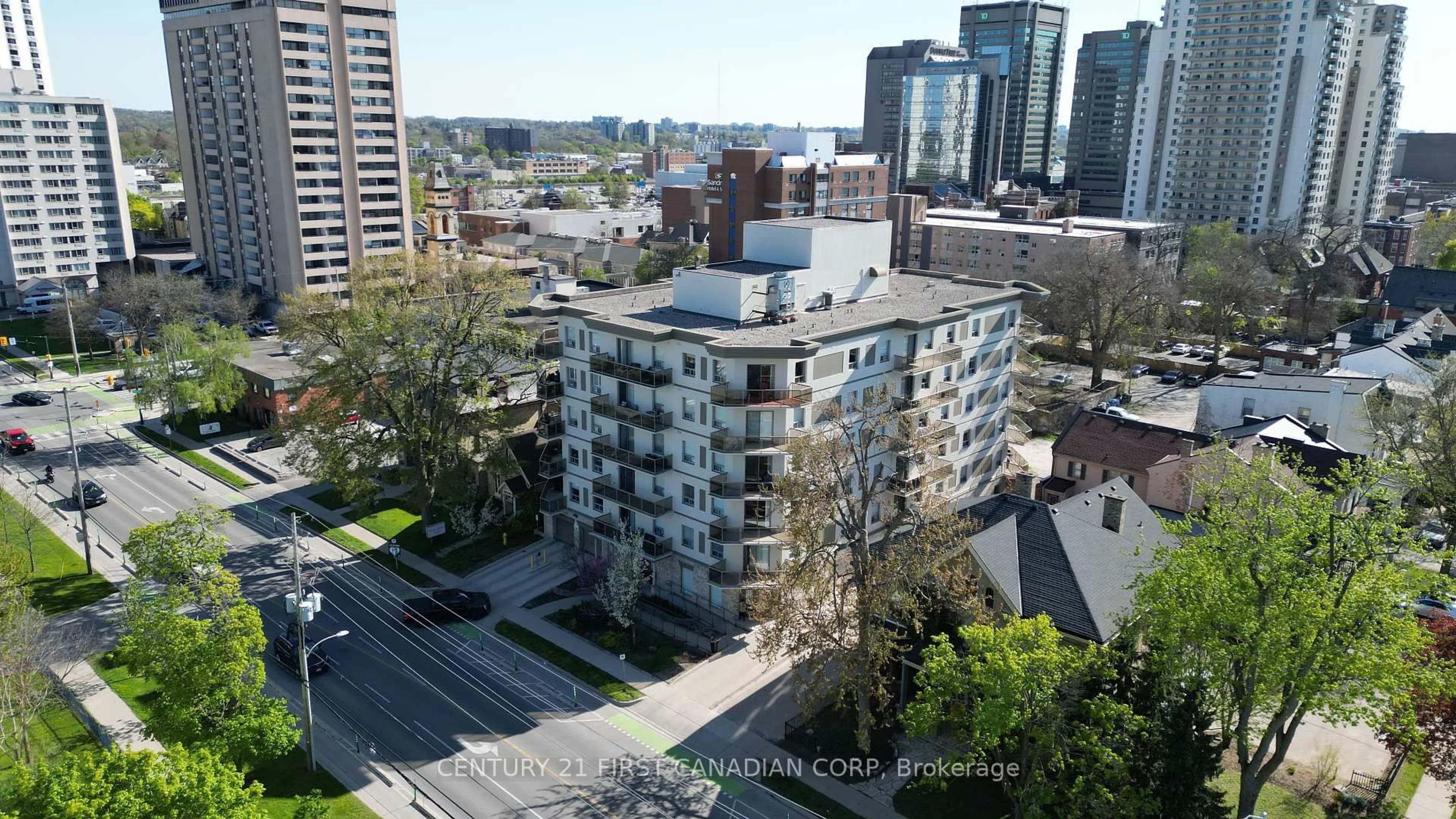 A pic from outside/outdoor area/front of a property/back of a property/a pic from drone, city buildings view from balcony for 435 Colborne St #208, London East Ontario N6B 2T2