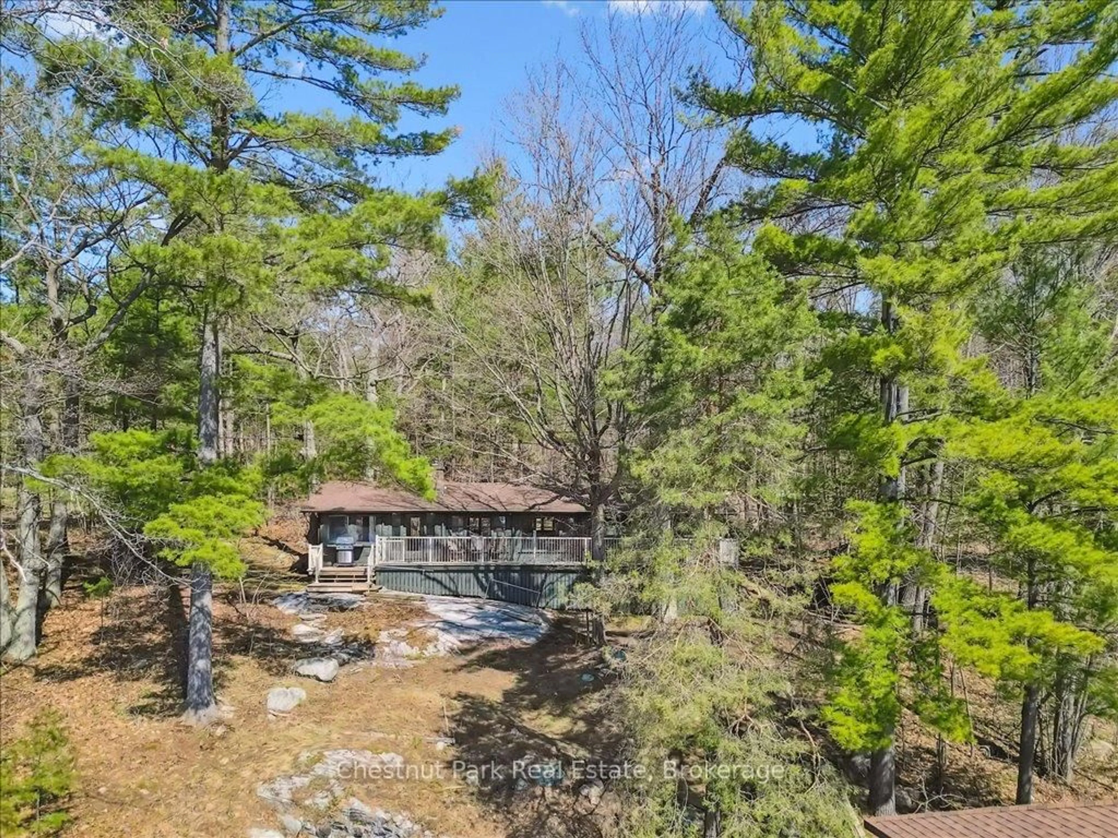 A pic from outside/outdoor area/front of a property/back of a property/a pic from drone, forest/trees view for 1049 Sagamo Blvd, Muskoka Lakes Ontario P0B 1J0