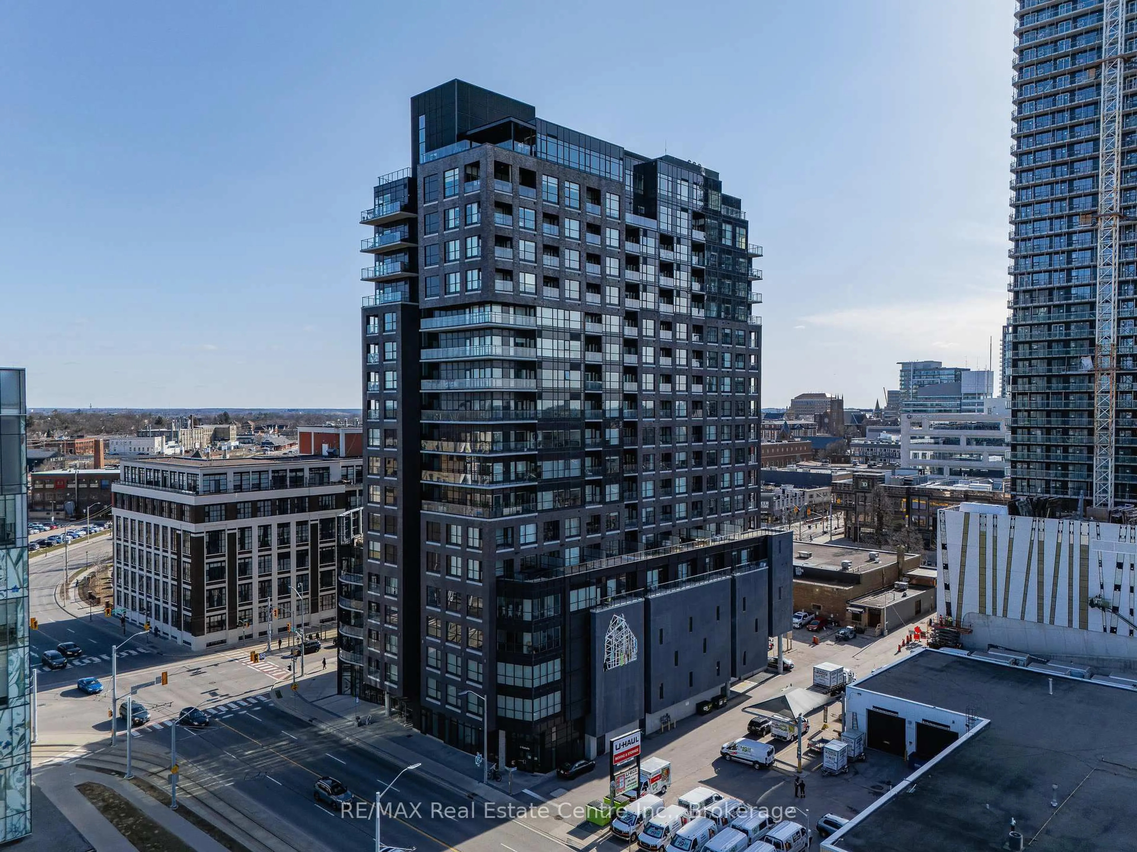 A pic from outside/outdoor area/front of a property/back of a property/a pic from drone, city buildings view from balcony for 1 Victoria St #1202, Kitchener Ontario N2G 0B5