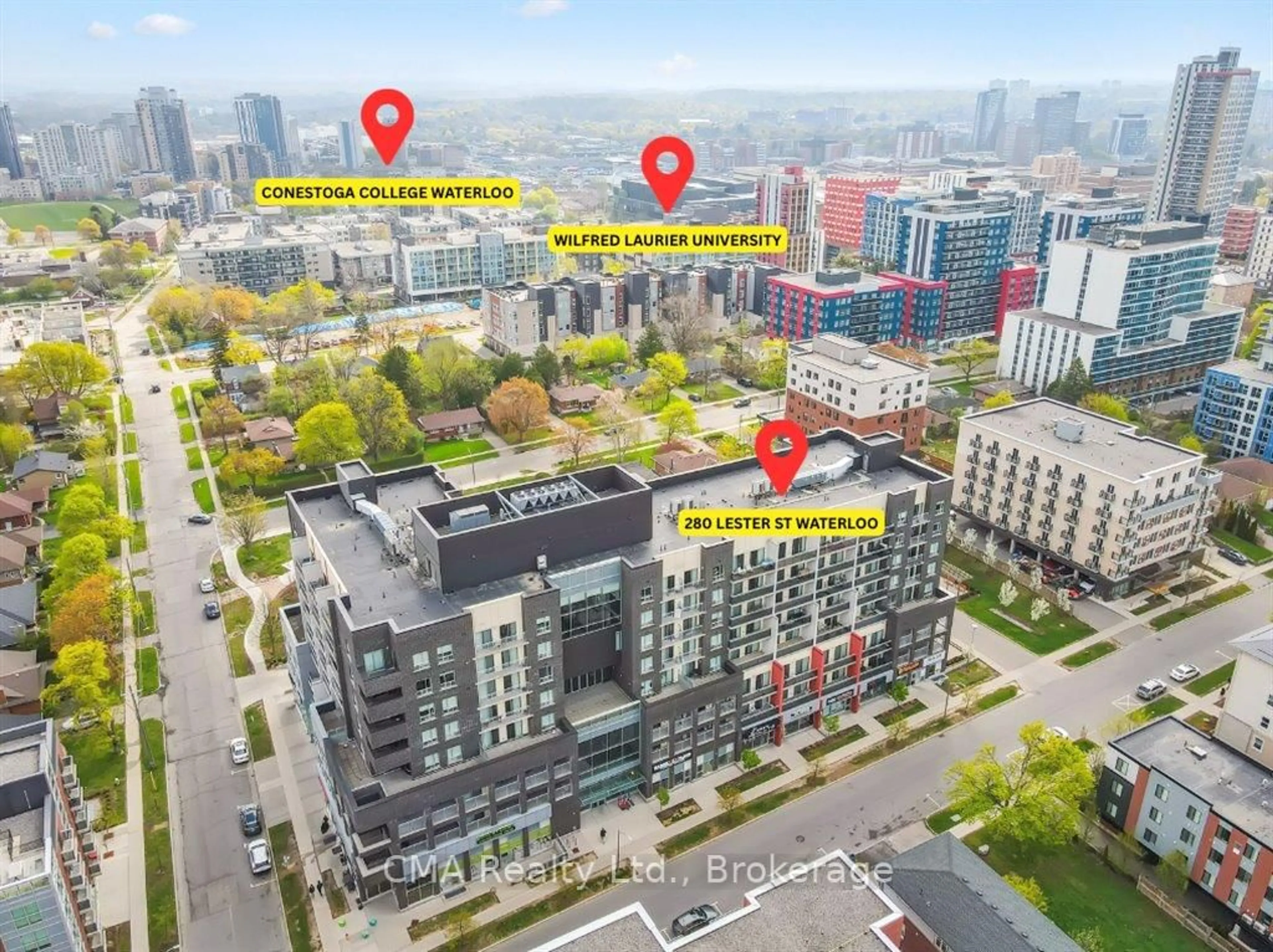 A pic from outside/outdoor area/front of a property/back of a property/a pic from drone, city buildings view from balcony for 280 Lester St #203, Waterloo Ontario N2L 0G2