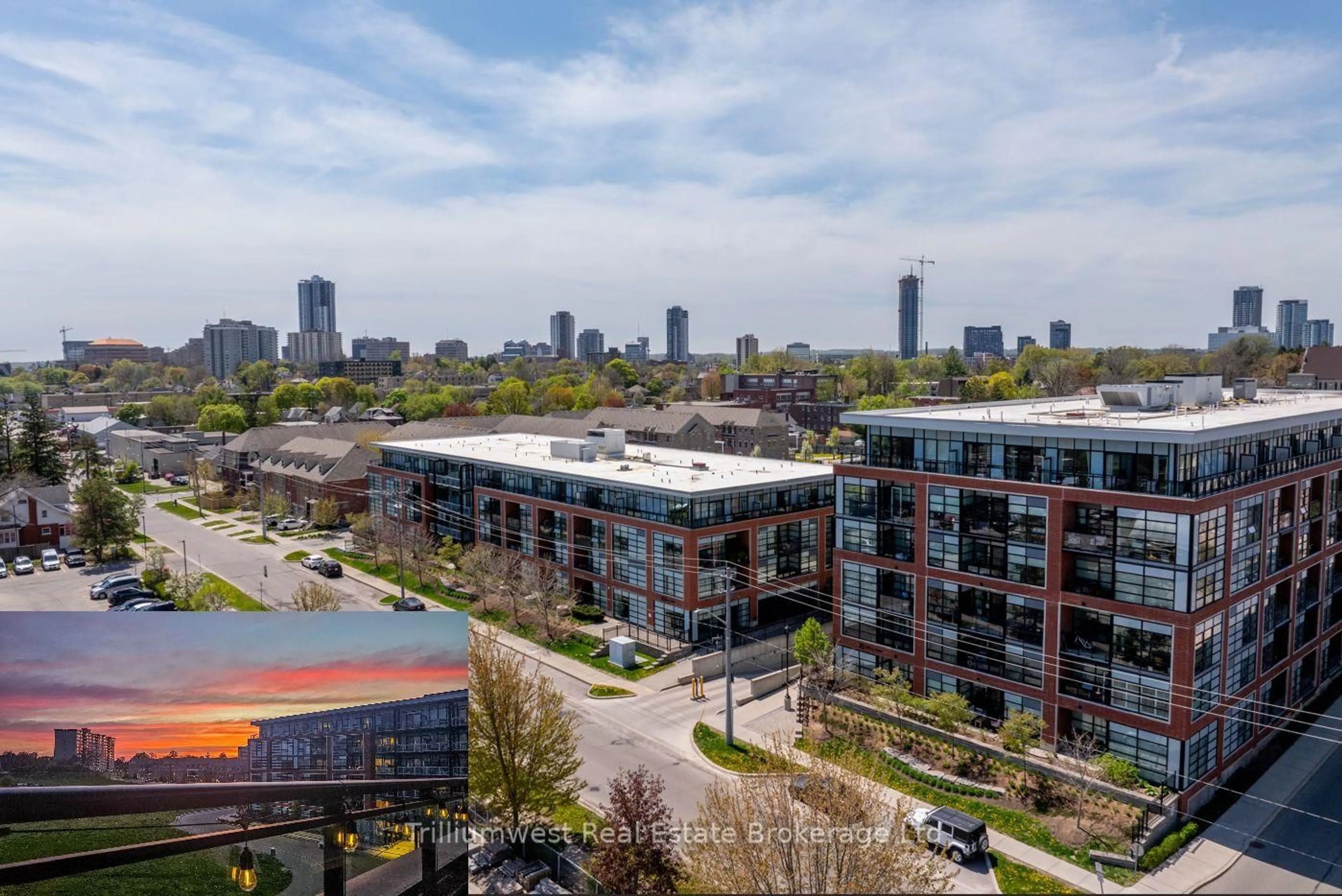 A pic from outside/outdoor area/front of a property/back of a property/a pic from drone, city buildings view from balcony for 155 St Leger St #412, Kitchener Ontario N2H 0B9