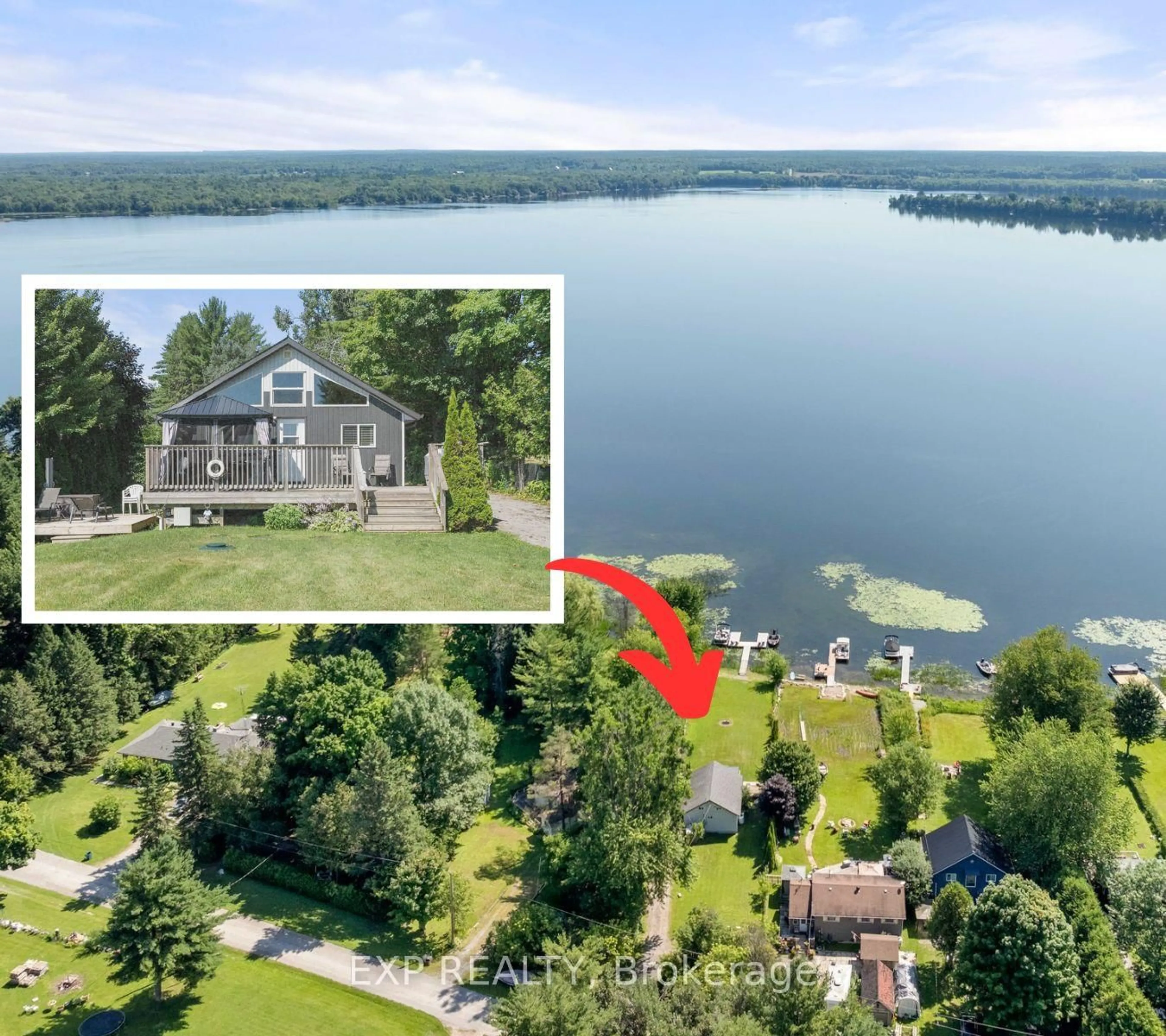 A pic from outside/outdoor area/front of a property/back of a property/a pic from drone, water/lake/river/ocean view for 104 Fulsom Cres, Kawartha Lakes Ontario L0K 1W0