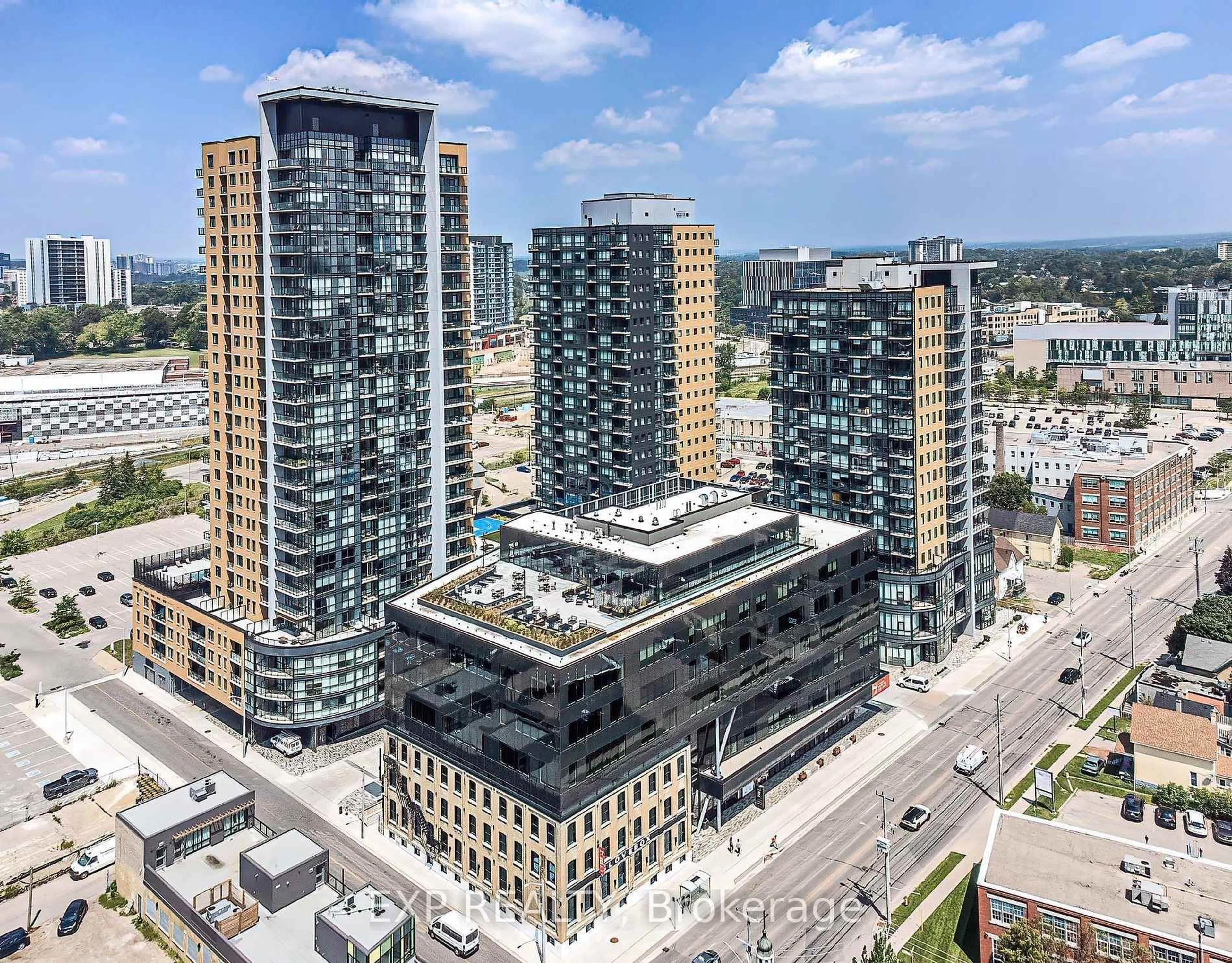 A pic from outside/outdoor area/front of a property/back of a property/a pic from drone, city buildings view from balcony for 108 Garment St #201, Kitchener Ontario N2G 0E3