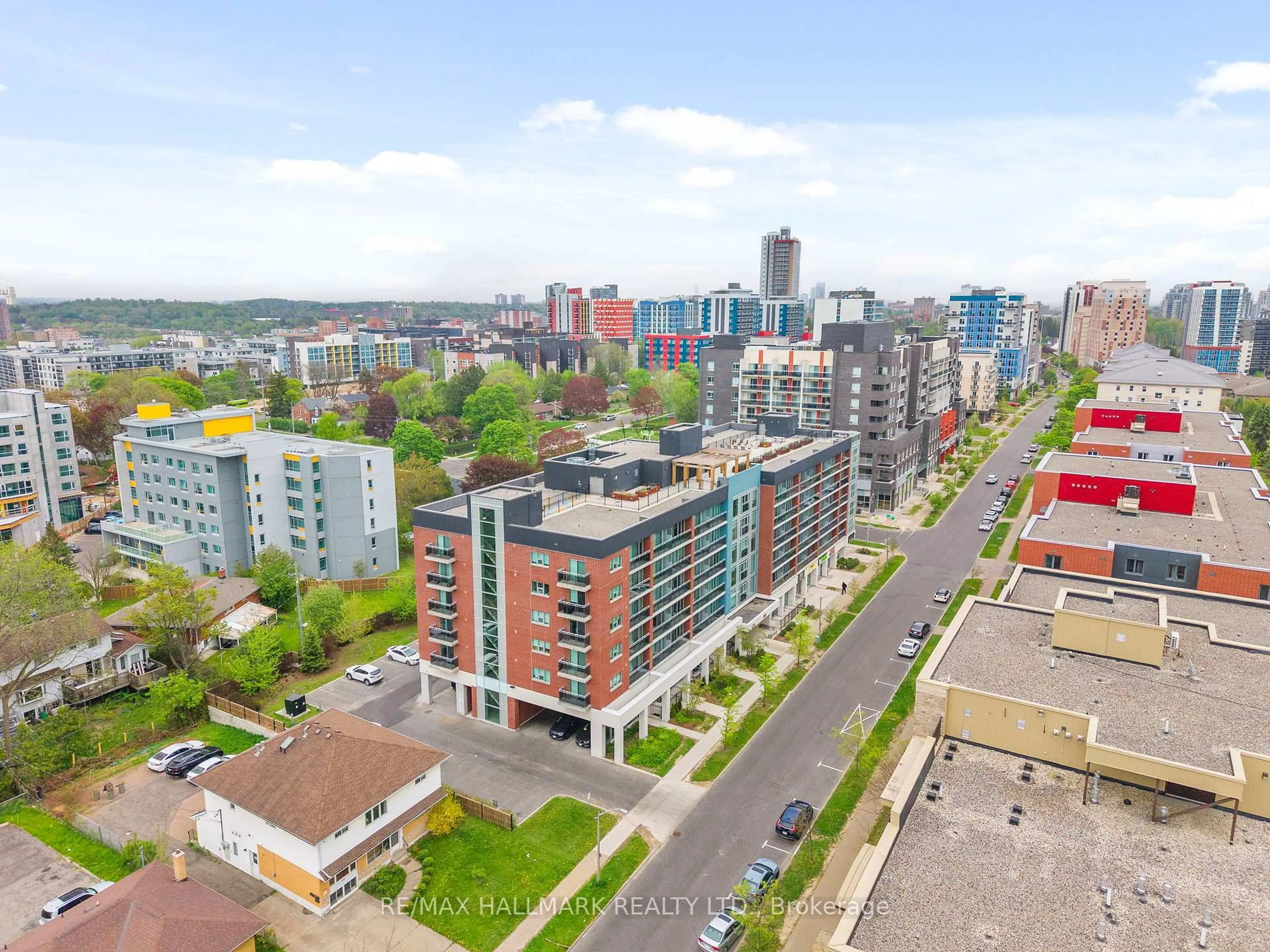 A pic from outside/outdoor area/front of a property/back of a property/a pic from drone, city buildings view from balcony for 308 Lester St #202, Waterloo Ontario N2L 0H9