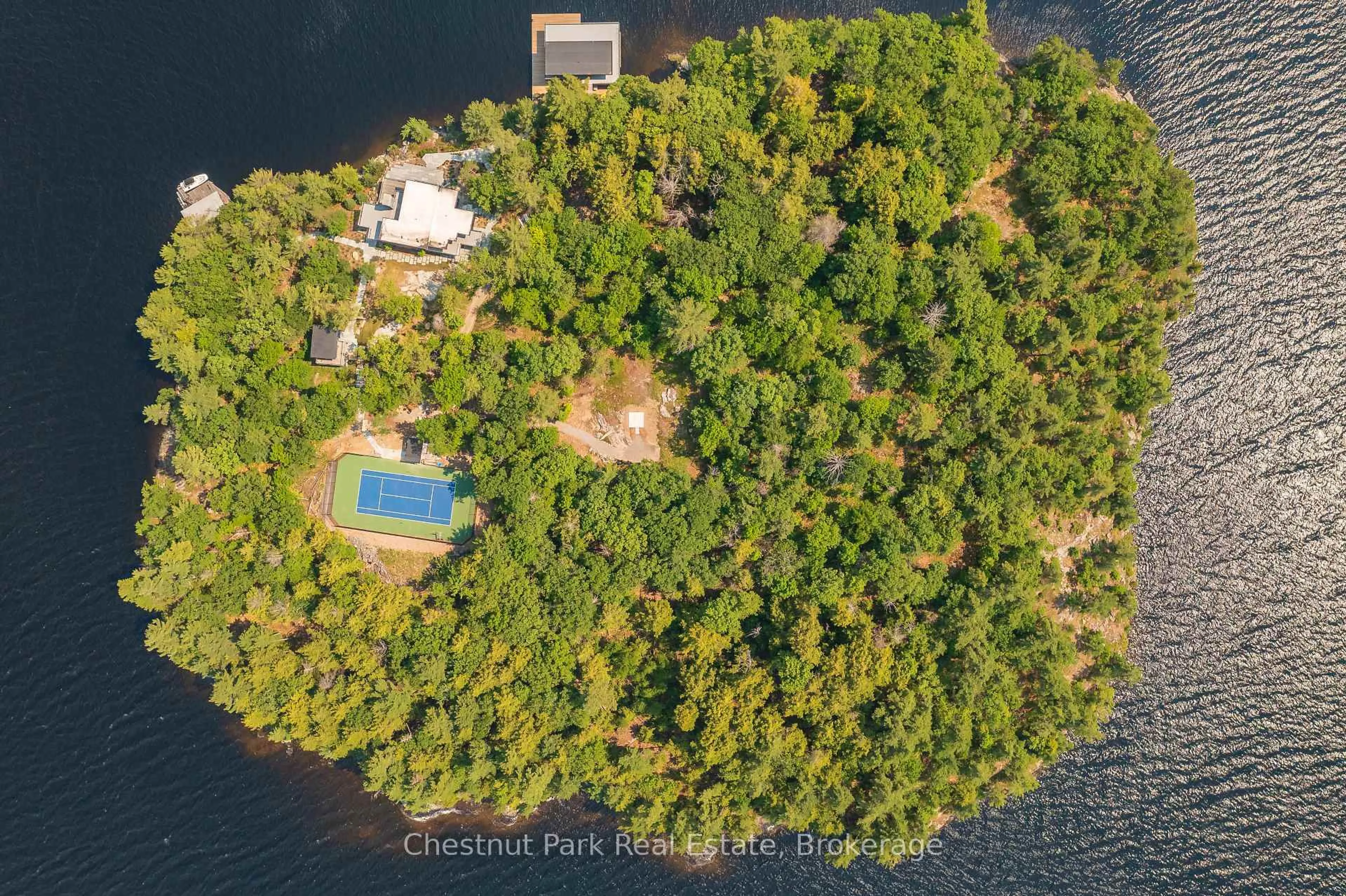A pic from outside/outdoor area/front of a property/back of a property/a pic from drone, water/lake/river/ocean view for 1 BASS, Muskoka Lakes Ontario P0B 1A0