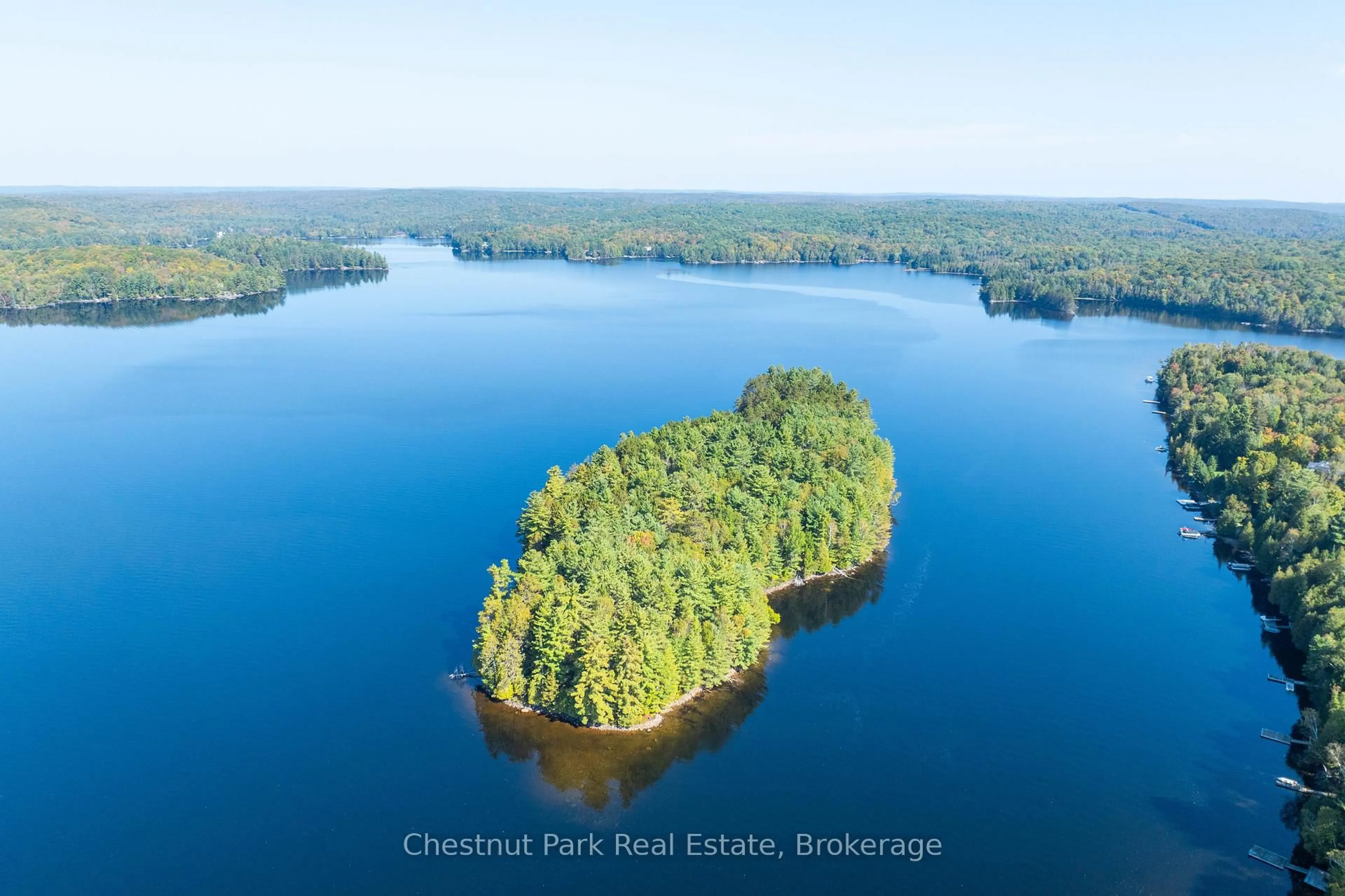 A pic from outside/outdoor area/front of a property/back of a property/a pic from drone, water/lake/river/ocean view for 10000 Soyers - Brown Island N/A, Minden Hills Ontario K0M 2K0