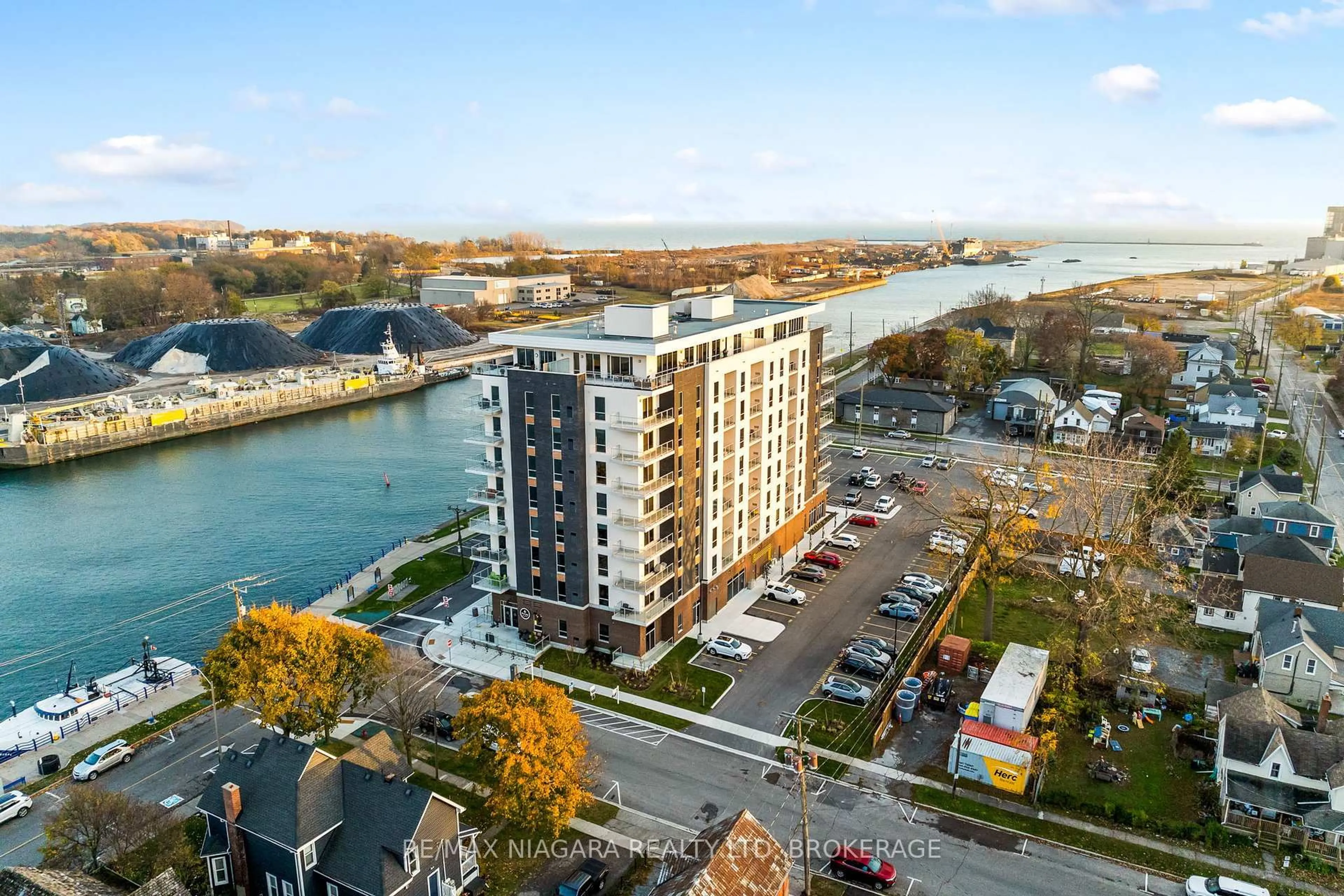 A pic from outside/outdoor area/front of a property/back of a property/a pic from drone, water/lake/river/ocean view for 118 West St #703, Port Colborne Ontario L3K 4E6