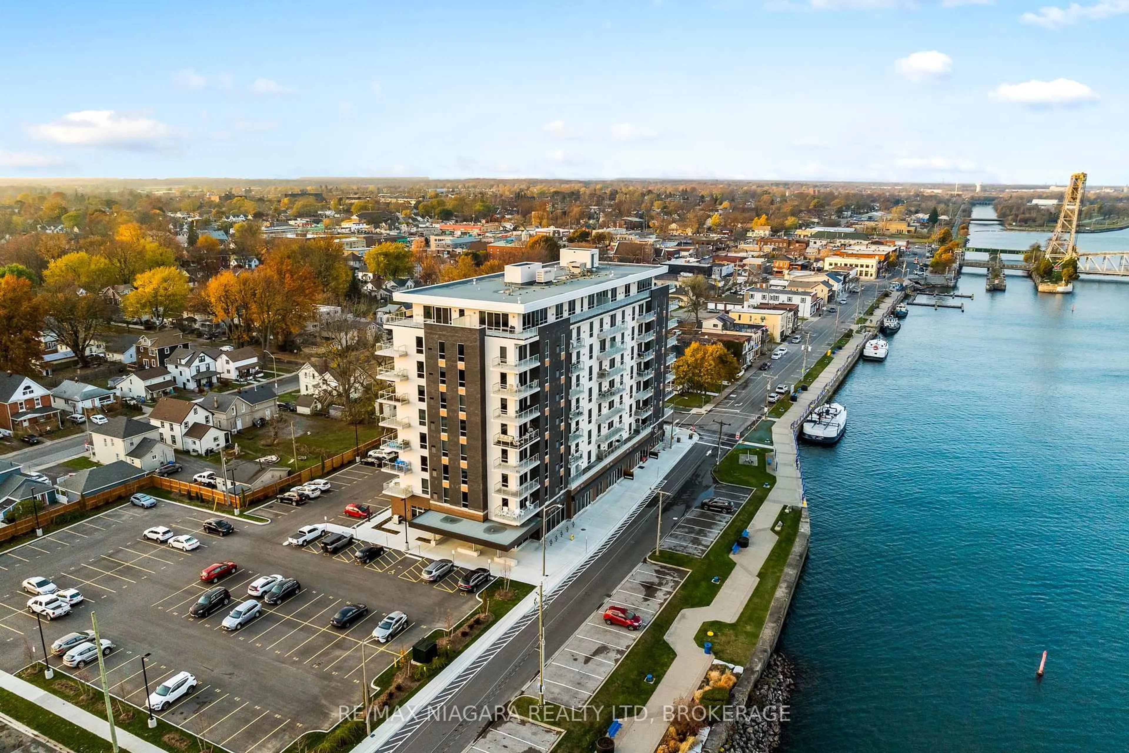 A pic from outside/outdoor area/front of a property/back of a property/a pic from drone, water/lake/river/ocean view for 118 West St #703, Port Colborne Ontario L3K 4E6