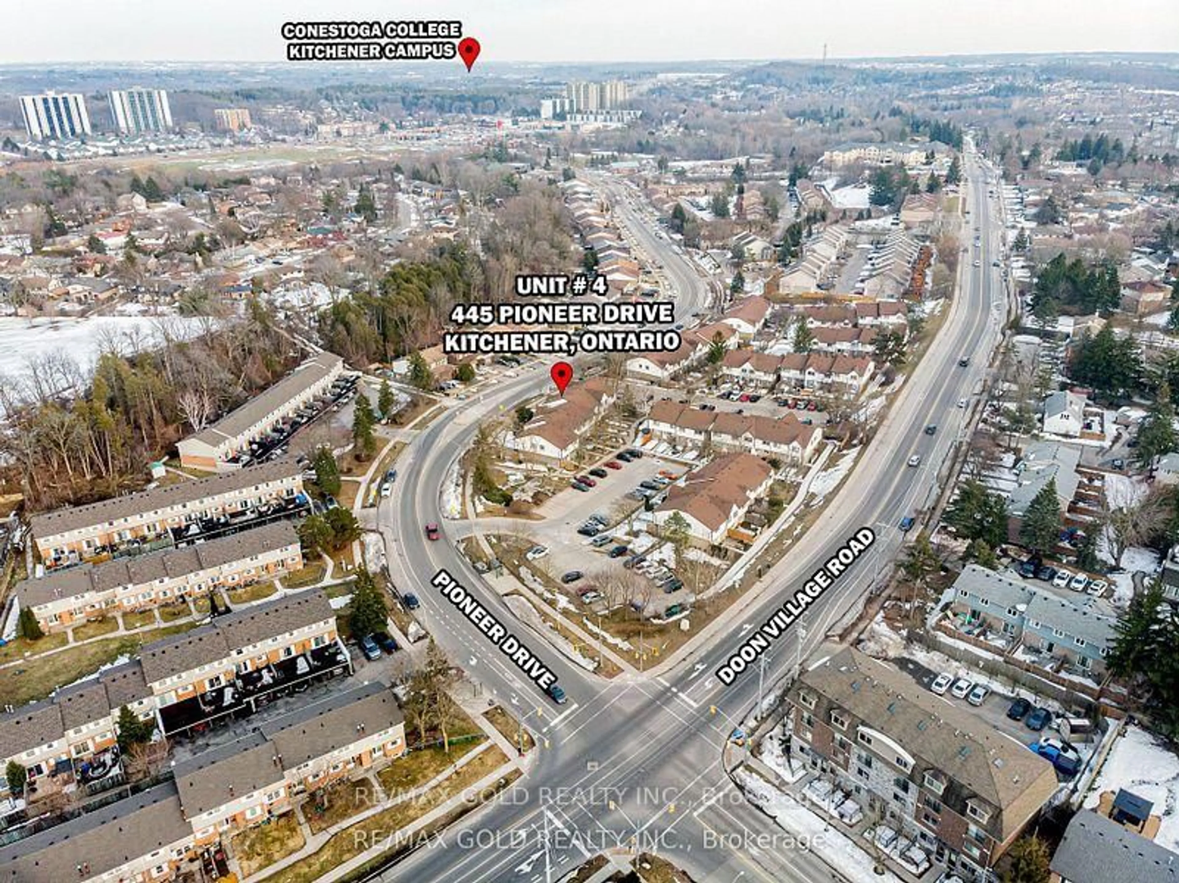 A pic from outside/outdoor area/front of a property/back of a property/a pic from drone, street for 445 Pioneer Dr #4, Kitchener Ontario N2P 1L8