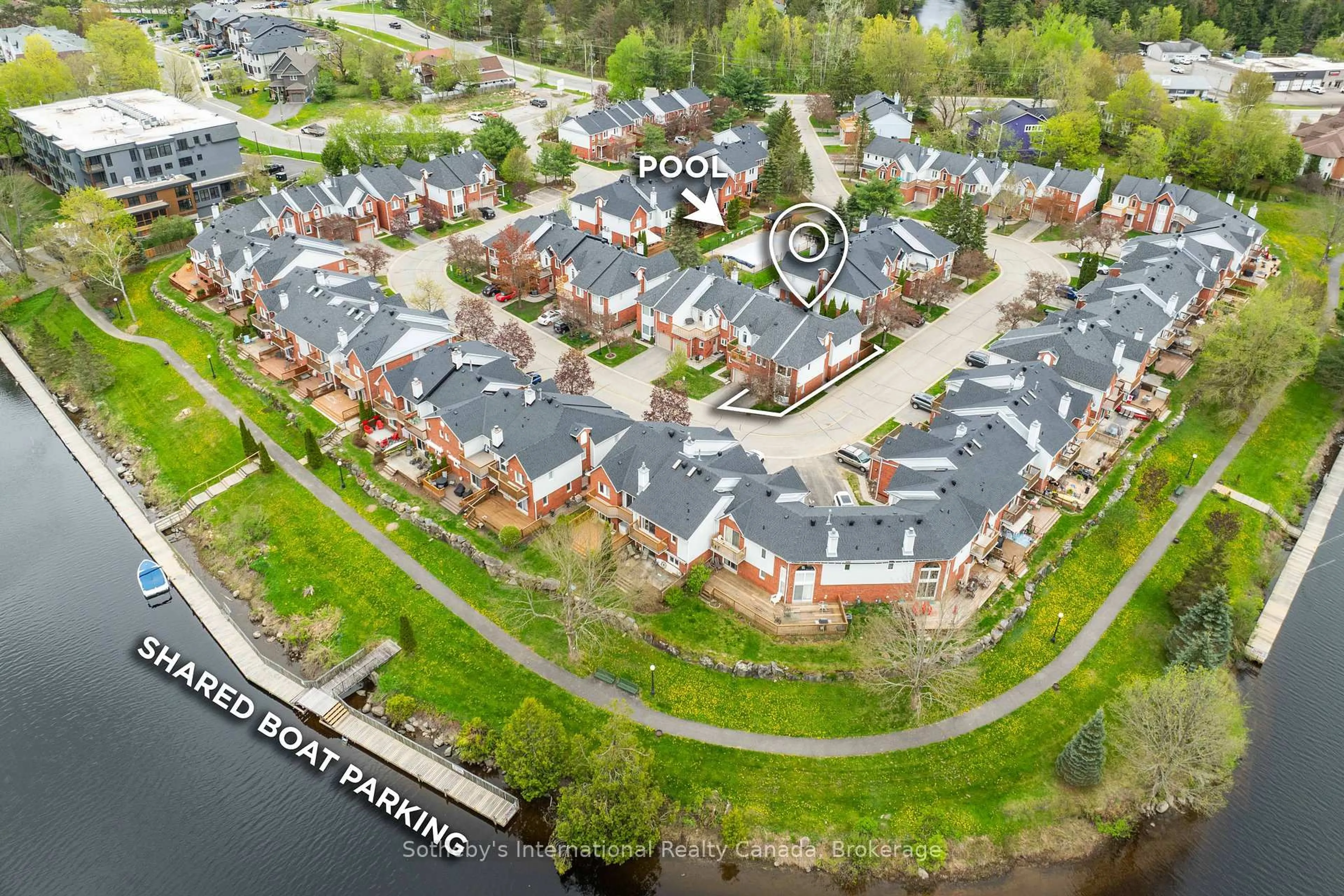 A pic from outside/outdoor area/front of a property/back of a property/a pic from drone, water/lake/river/ocean view for 50 Shoreline Dr #66, Bracebridge Ontario P1L 1Z4