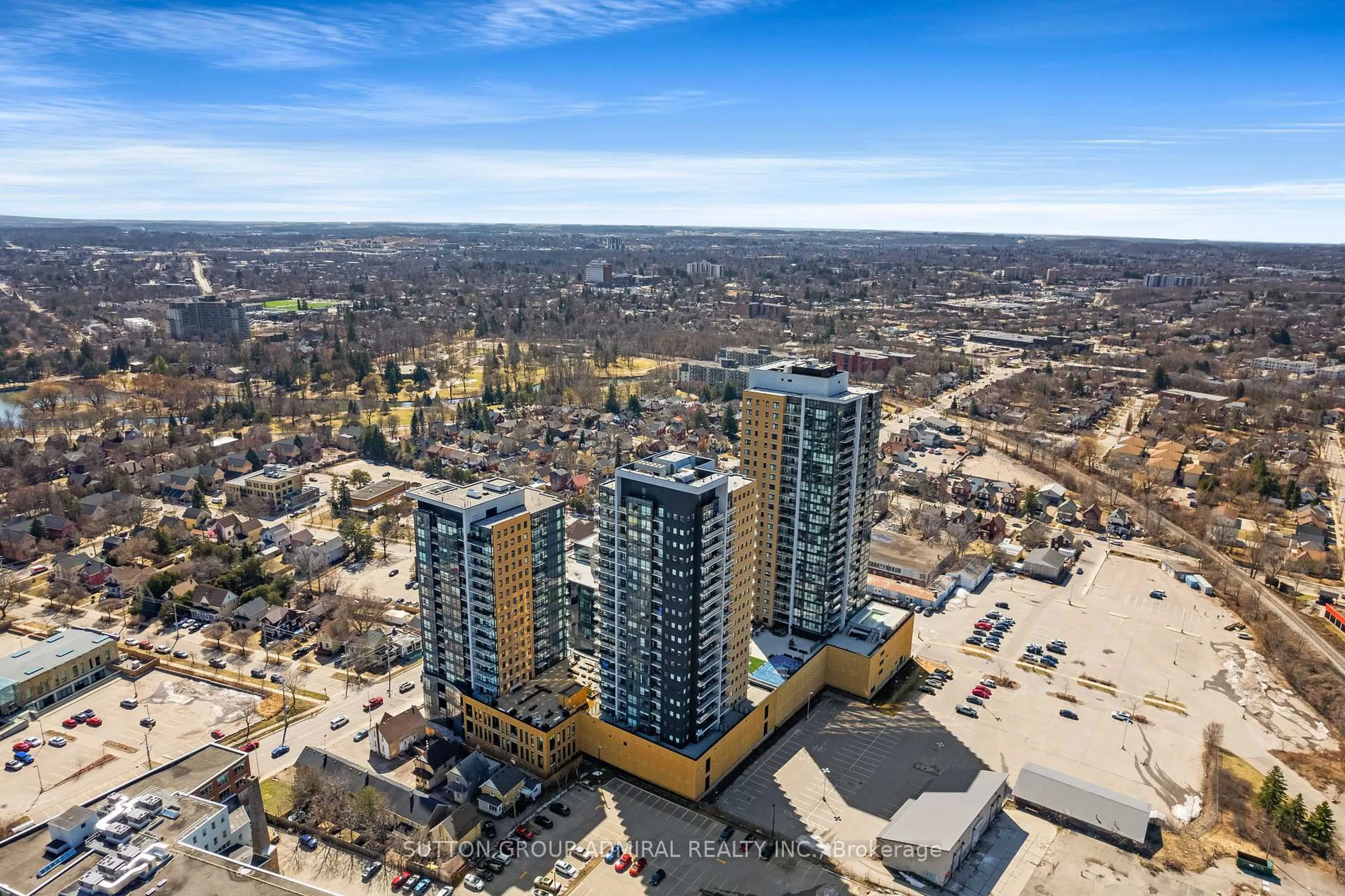A pic from outside/outdoor area/front of a property/back of a property/a pic from drone, city buildings view from balcony for 104 Garment St #1006, Kitchener Ontario N2G 0C8