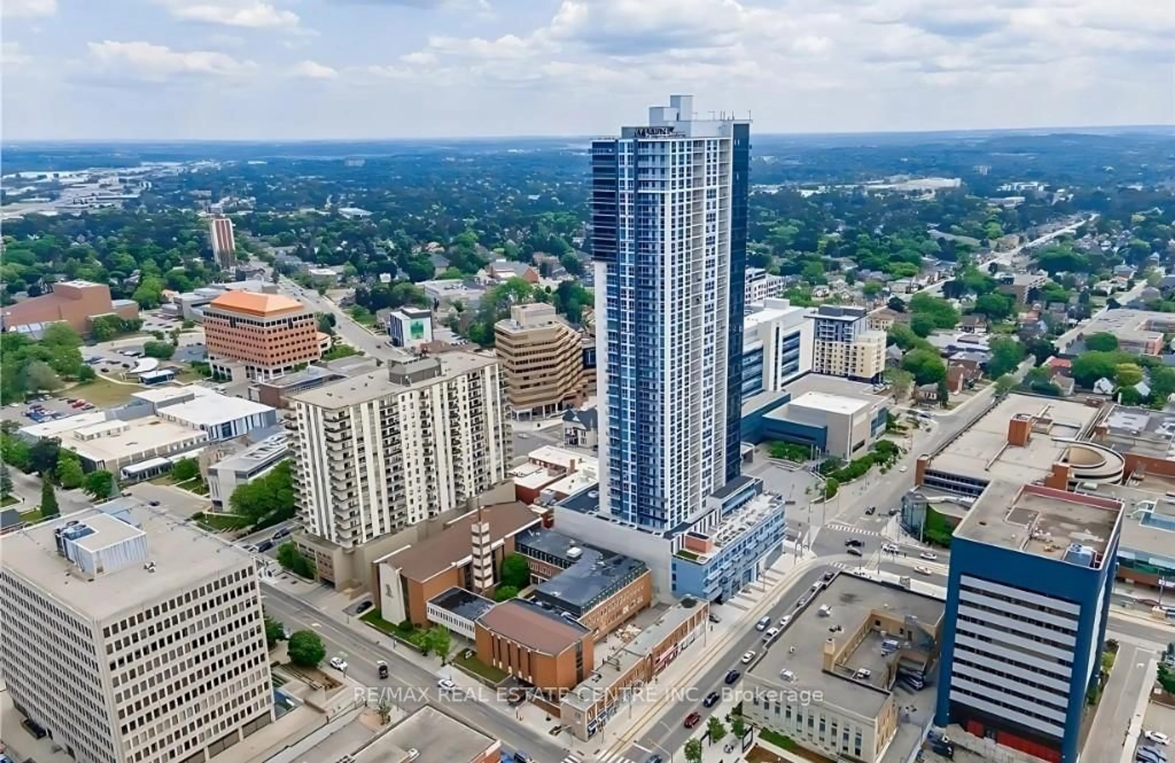 A pic from outside/outdoor area/front of a property/back of a property/a pic from drone, city buildings view from balcony for 60 Frederick St #2505, Kitchener Ontario N2H 0C7
