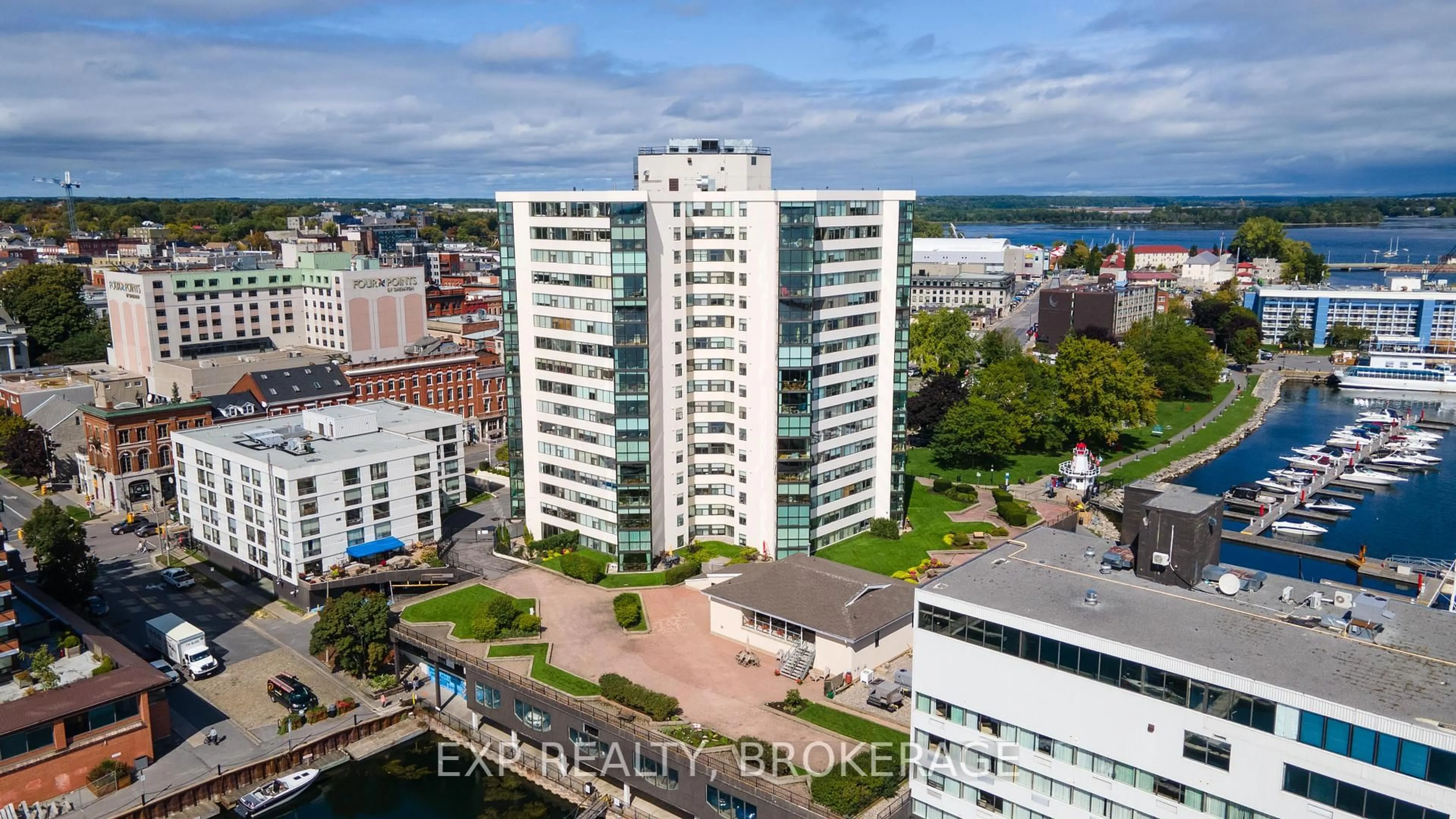 A pic from outside/outdoor area/front of a property/back of a property/a pic from drone, city buildings view from balcony for 185 ONTARIO St #1407, Kingston Ontario K7L 2Y7