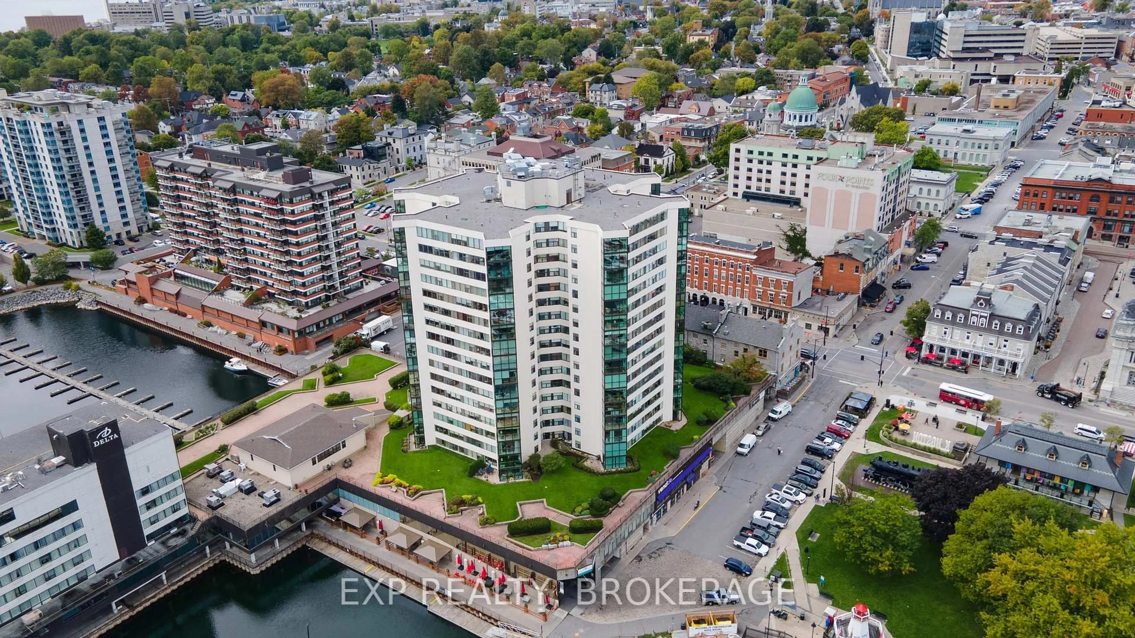 A pic from outside/outdoor area/front of a property/back of a property/a pic from drone, city buildings view from balcony for 185 ONTARIO St #1407, Kingston Ontario K7L 2Y7