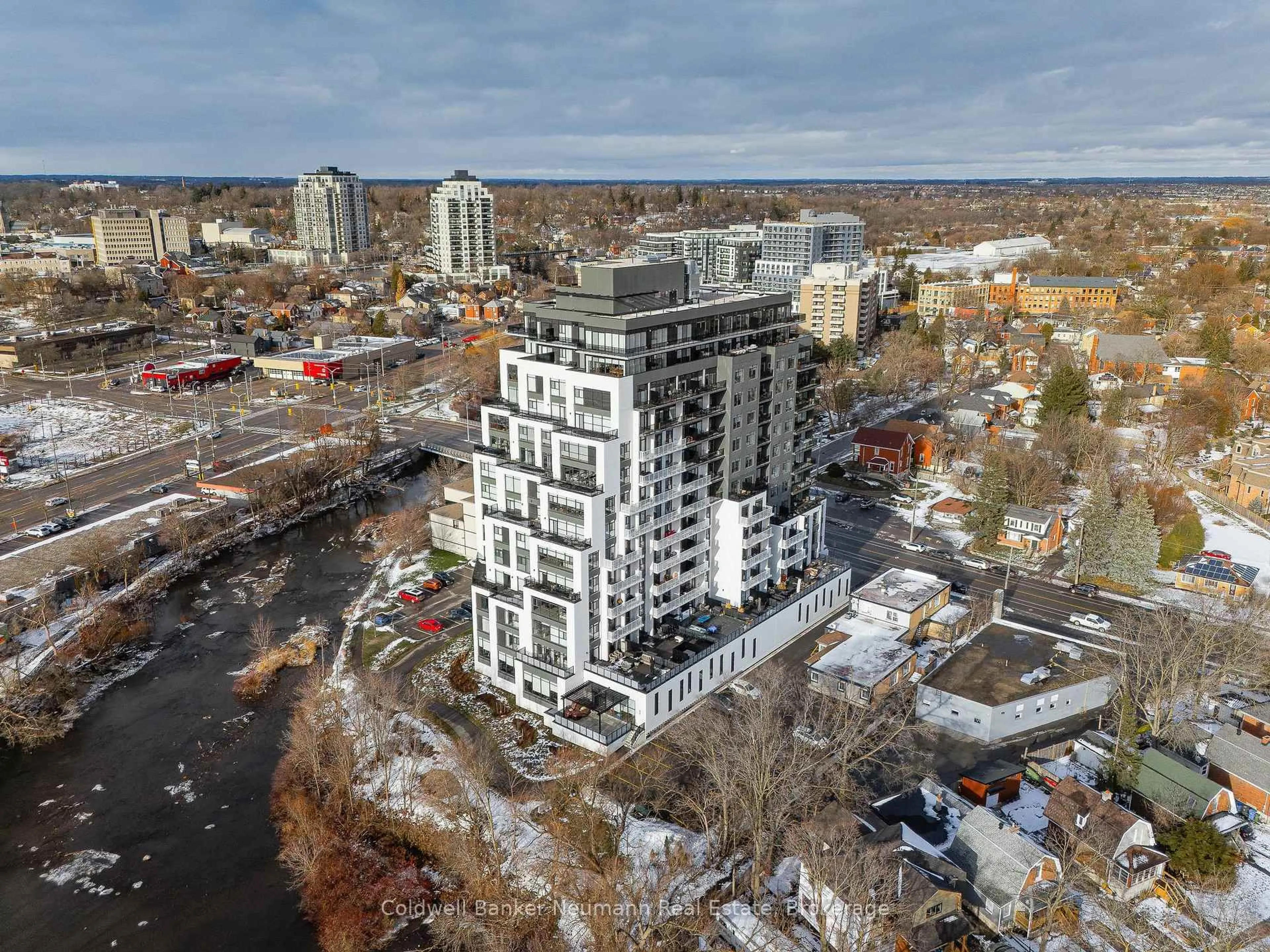 A pic from outside/outdoor area/front of a property/back of a property/a pic from drone, city buildings view from balcony for 71 Wyndham St #101, Guelph Ontario N1E 5R3