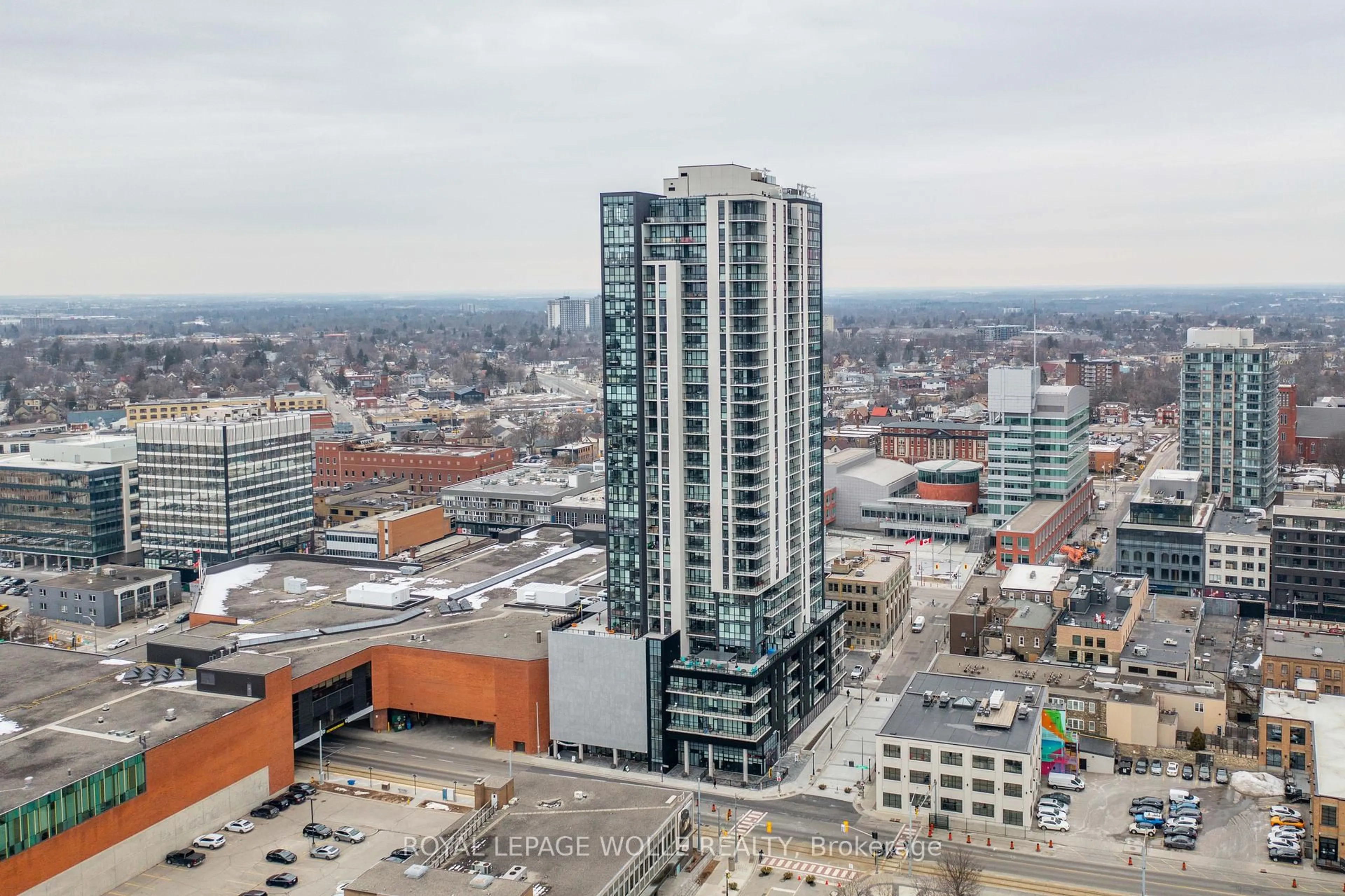 A pic from outside/outdoor area/front of a property/back of a property/a pic from drone, city buildings view from balcony for 60 Charles St #2405, Kitchener Ontario N2G 1Y6