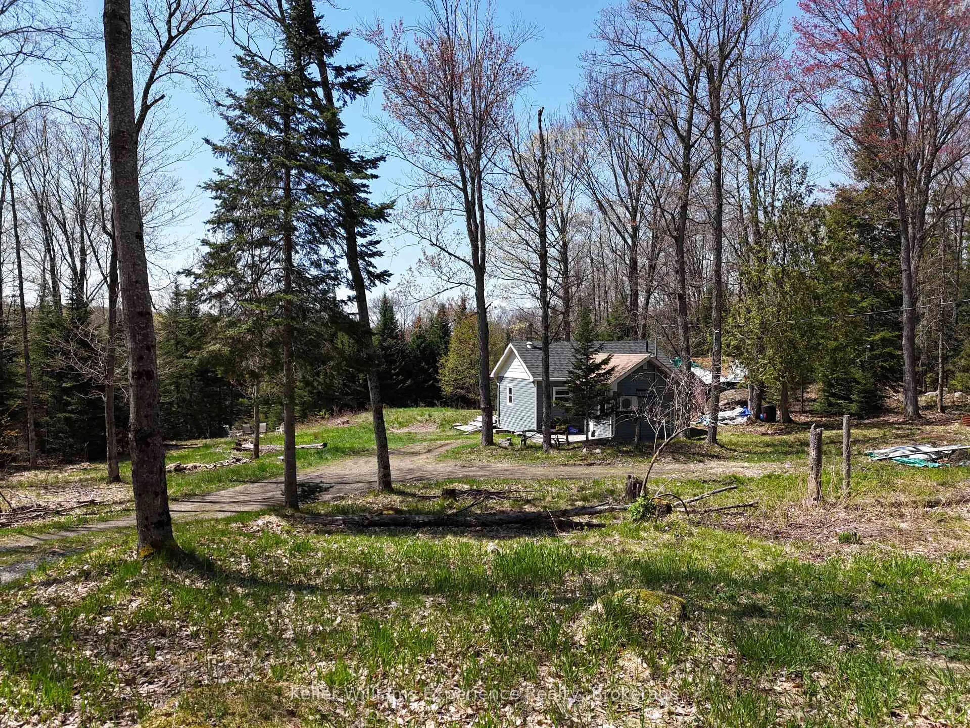 A pic from outside/outdoor area/front of a property/back of a property/a pic from drone, forest/trees view for 102 Old School House Rd, Huntsville Ontario P1H 2J4