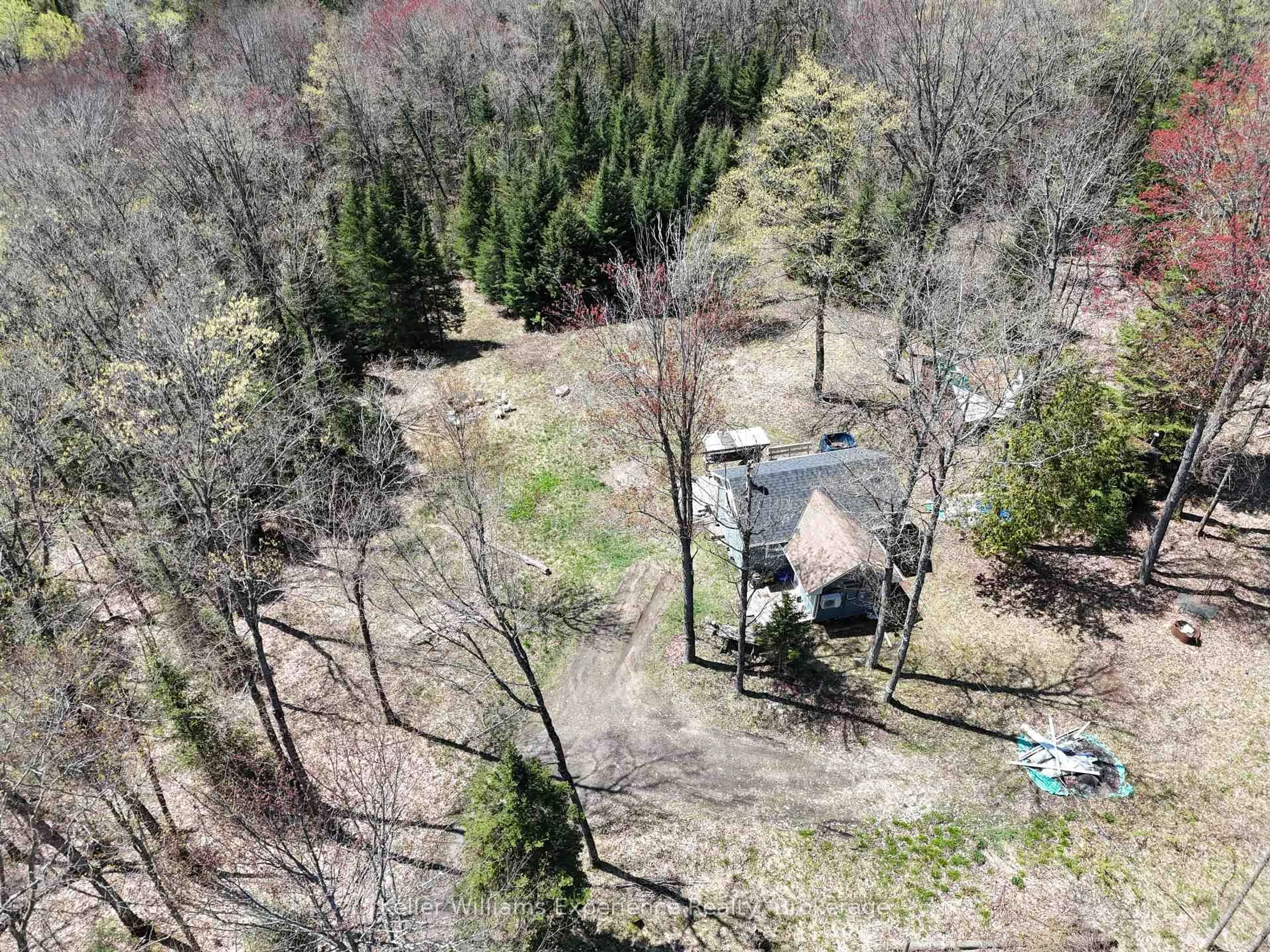 A pic from outside/outdoor area/front of a property/back of a property/a pic from drone, forest/trees view for 102 Old School House Rd, Huntsville Ontario P1H 2J4